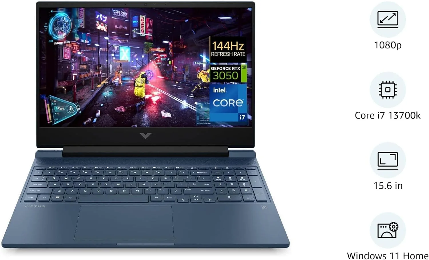لپ تاپ گیمینگ Victus 15-fa1072ne، صفحه نمایش 15.6 اینچی FHD 144Hz، پردازنده نسل سیزدهم Intel® Core™ i7-13700H، رم 16 گیگابایتی DDR4، حافظه SSD 512 گیگابایتی، کارت گرافیک 6 گیگابایتی NVIDIA® GeForce RTX™ 3050، ویندوز 11، آبی پرفورمنس، کیبورد با نور پس زمینه انگلیسی/عربی [7Z8C4EA]