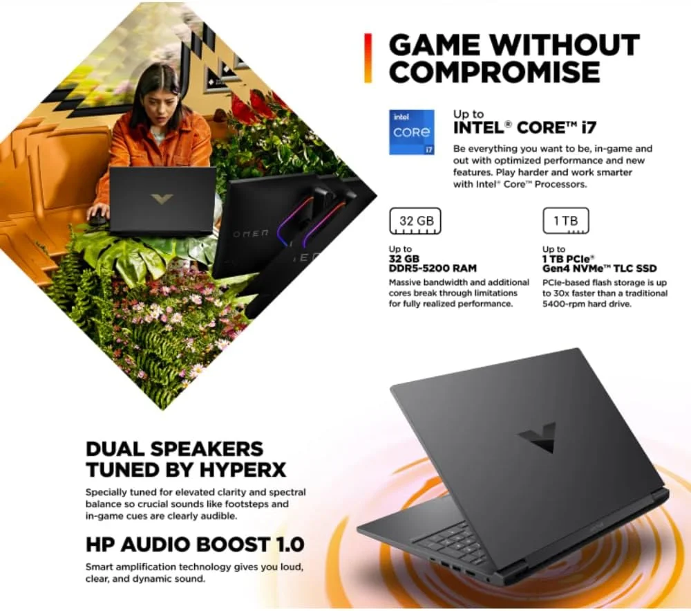 لپ تاپ گیمینگ HP Victus نسل 14 اینتل 20 هسته ای i7-14700HX، رم 16 گیگابایت، SSD 1 ترابایت، کارت گرافیک 8 گیگابایت NVIDIA GeForce RTX 4060، صفحه نمایش 16 اینچ QHD (2560X1440) 165 هرتز، ویندوز 11 هوم (نقره ای میکا)