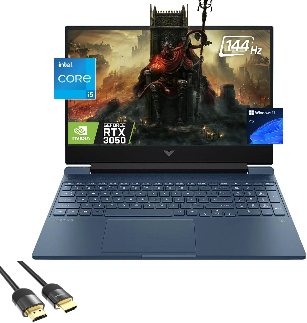 لپ تاپ گیمینگ HP Victus، صفحه نمایش 15.6 اینچی FHD، پردازنده نسل دوازدهم 8 هسته ای i5 12450H (تا 4.40 گیگاهرتز)، GeForce RTX 3050، رم 16 گیگابایتی، 1 ترابایت PCle 4.0، صفحه کلید با نور پس زمینه، صفحه کلید اعداد، WiFi 6، RJ45، USB-C، کابل PDG HDMI، ویندوز 11 پرو