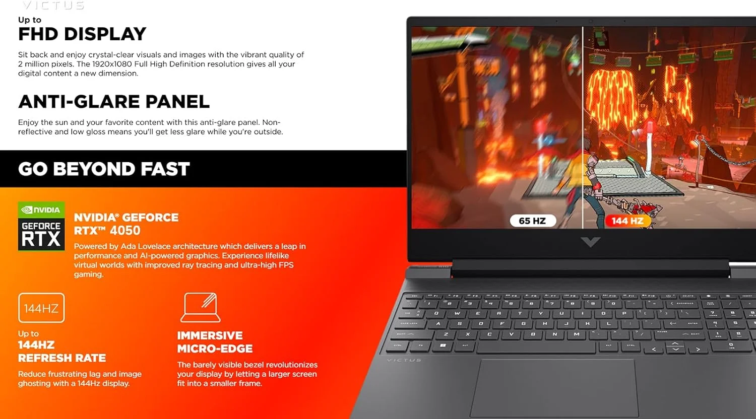 لپ تاپ گیمینگ HP Victus، صفحه نمایش 15.6 اینچی FHD IPS 144Hz، AMD Ryzen 5-8645HS، NVIDIA GeForce RTX 4050، Wi-Fi 6، کیبورد با نور پس زمینه، Win11 Home، همراه با پد موس (8 گیگابایت رم | 512 گیگابایت PCIe SSD)