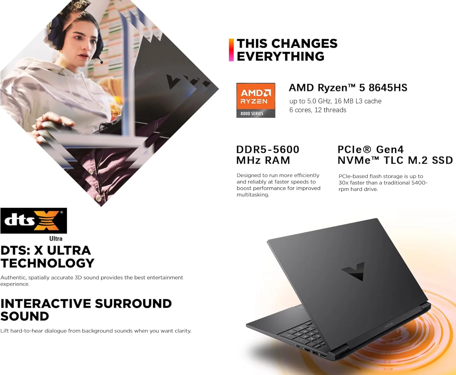 لپ تاپ گیمینگ HP Victus، صفحه نمایش 15.6 اینچی FHD IPS 144Hz، AMD Ryzen 5-8645HS، NVIDIA GeForce RTX 4050، Wi-Fi 6، کیبورد با نور پس زمینه، Win11 Home، همراه با پد موس (8 گیگابایت رم | 512 گیگابایت PCIe SSD)