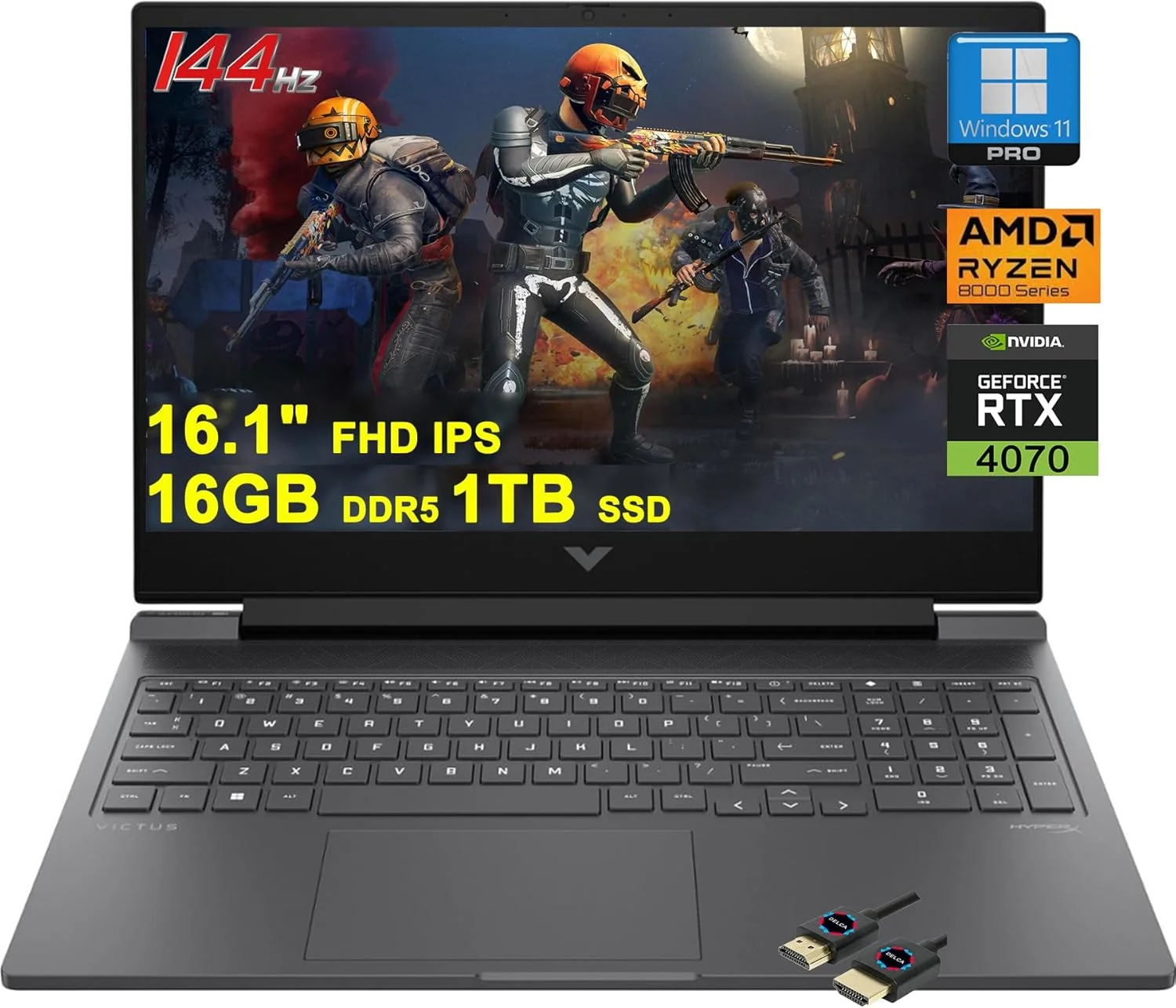 لپ تاپ گیمینگ HP Victus 16 | صفحه نمایش 16.1 اینچی FHD 144Hz | پردازنده AMD 8 هسته ای Zen 4 Ryzen 7 8845HS (بهتر از i7-12700H) | 16 گیگابایت DDR5 1 ترابایت SSD | کارت گرافیک GeForce RTX 4070 | کیبورد با نور پس زمینه USB-C دوربین حریم خصوصی FHD ویندوز 11 پرو + کابل HDMI