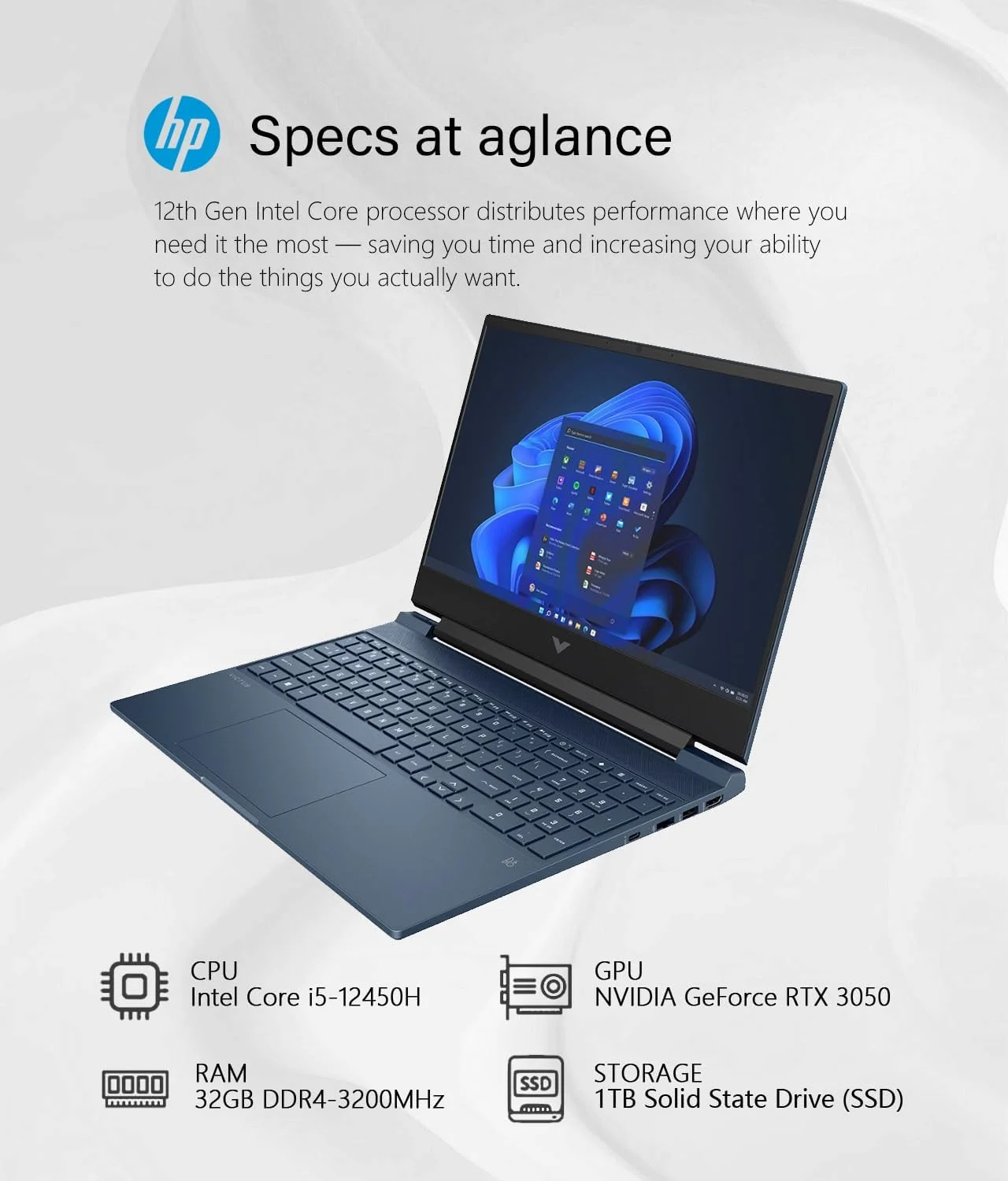 لپ تاپ گیمینگ HP Victus با صفحه نمایش 15.6 اینچی Full HD 144Hz - پردازنده Intel Core i5-12450H نسل 12 - حافظه 32 گیگابایتی - کارت گرافیک NVIDIA GeForce RTX 3050 - حافظه SSD 1 ترابایتی - کیبورد با نور پس زمینه - ویندوز 11 - آبی عملکردی (ارتقا یافته)