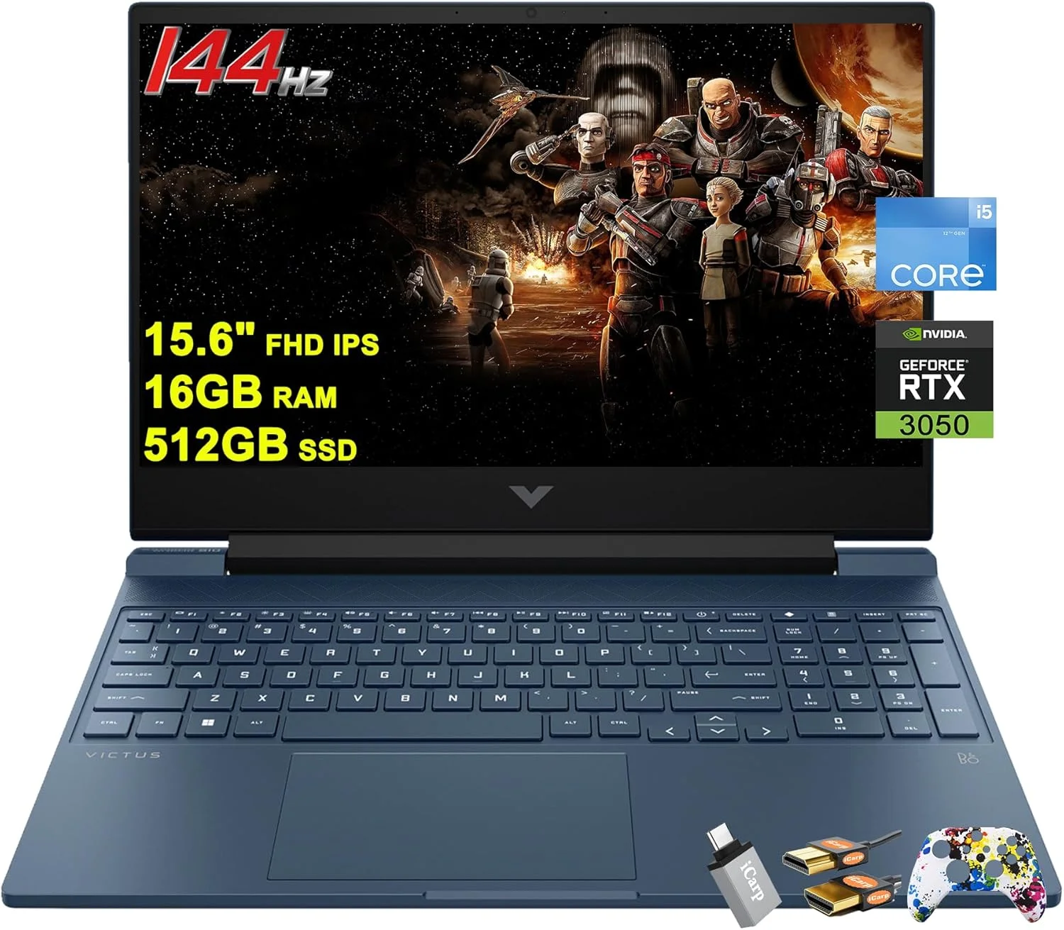لپ تاپ گیمینگ HP Victus 15، صفحه نمایش 15.6 اینچی FHD IPS ضد تابش نور 144 هرتز، پردازنده Intel 8 هسته ای i5-12450H (بهتر از i7-11800H)، رم 16 گیگابایتی، SSD 512 گیگابایتی، کارت گرافیک GeForce RTX 3050، نور پس زمینه صفحه کلید، صدای B&O، شارژ سریع، ویندوز 11 به همراه لوازم جانبی ICP
