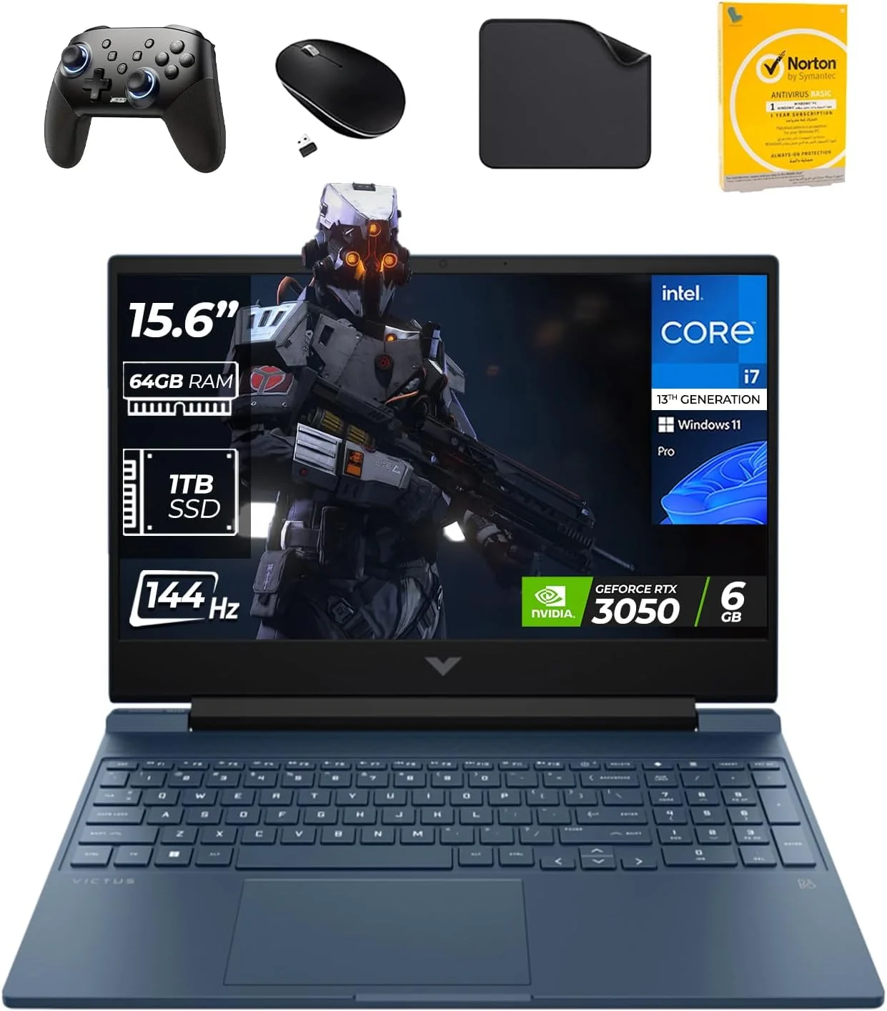 لپ تاپ گیمینگ HP Victus 15.6 اینچی - نسل سیزدهم Intel i7-13700H، گرافیک RTX3050 6GB، رم 64GB DDR4، SSD 1TB، ویندوز 11 پرو (شامل دسته بازی + ماوس + آنتی ویروس + ماوس پد)