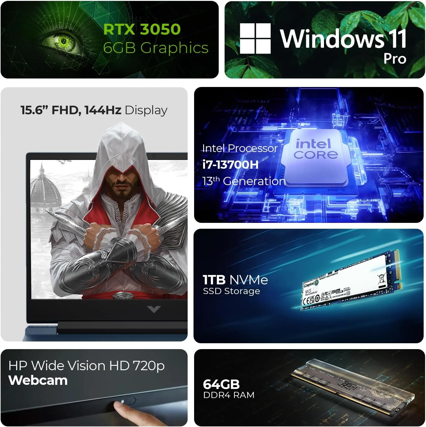 لپ تاپ گیمینگ HP Victus 15.6 اینچی - نسل سیزدهم Intel i7-13700H، گرافیک RTX3050 6GB، رم 64GB DDR4، SSD 1TB، ویندوز 11 پرو (شامل دسته بازی + ماوس + آنتی ویروس + ماوس پد)