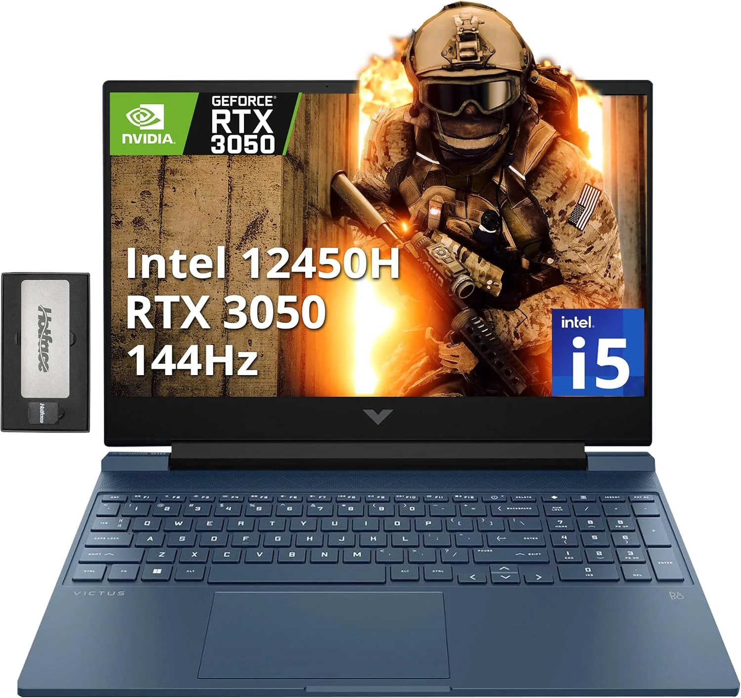 لپ تاپ گیمینگ 15.6 اینچی HP Victus FHD 144Hz، پردازنده Intel i5-12450H، کارت گرافیک NVIDIA GeForce RTX 3050، رم 16 گیگابایتی DDR4، حافظه SSD 1 ترابایتی PCIe، کیبورد با نور پس زمینه، WiFi 6، وب کم، ویندوز 11، آبی، به همراه داک استیشن 256 گیگابایتی
