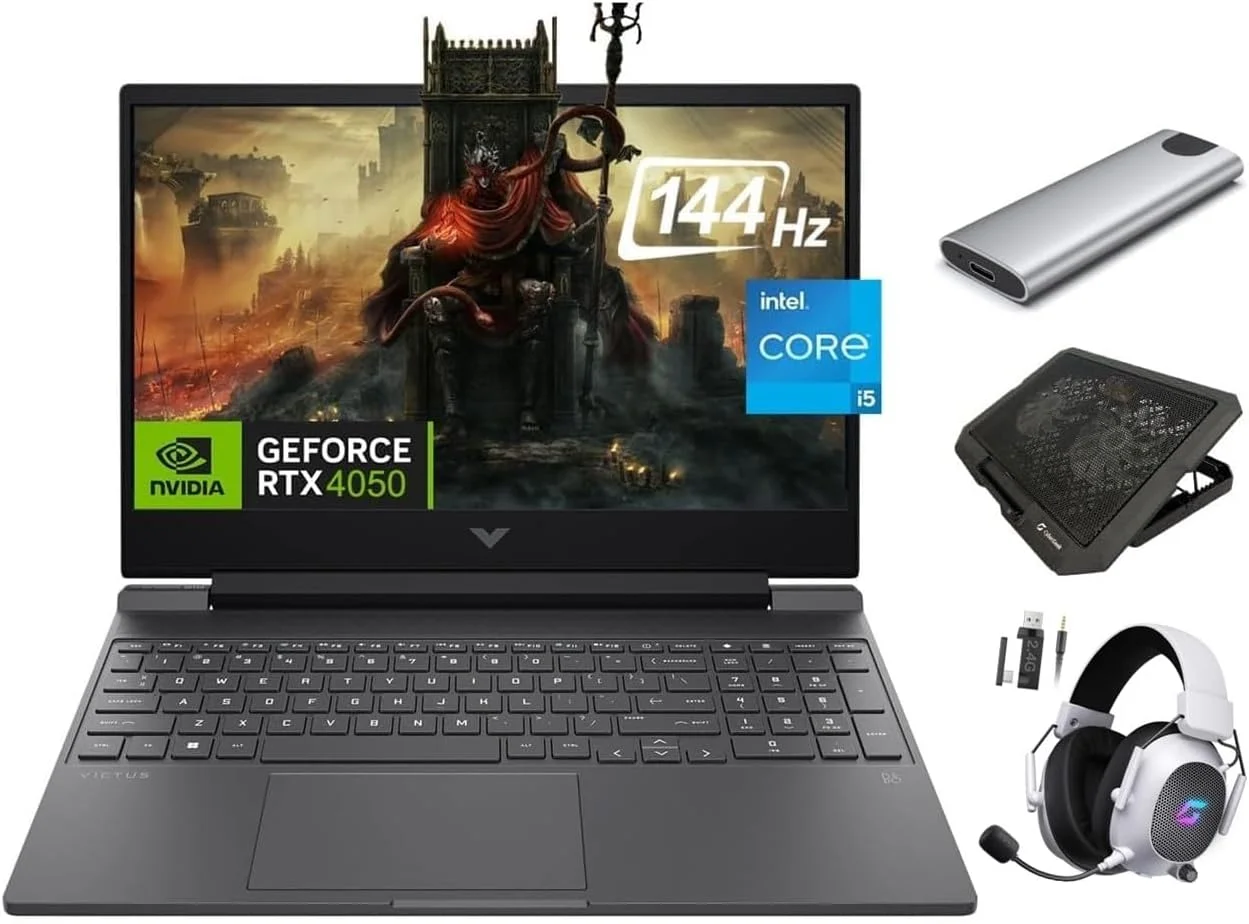 لپ تاپ گیمینگ HP Victus، 15.6 اینچ 144 هرتز FHD، پردازنده 8 هسته ای Intel i5-13420H، کارت گرافیک NVIDIA RTX 4050 6GB، رم 16GB، SSD 512GB، کیبورد با نور پس زمینه، WiFi 6، وب کم، صفحه کلید اعداد، USB-C، بسته ضروری 3 در 1 گیمینگ، ویندوز 11