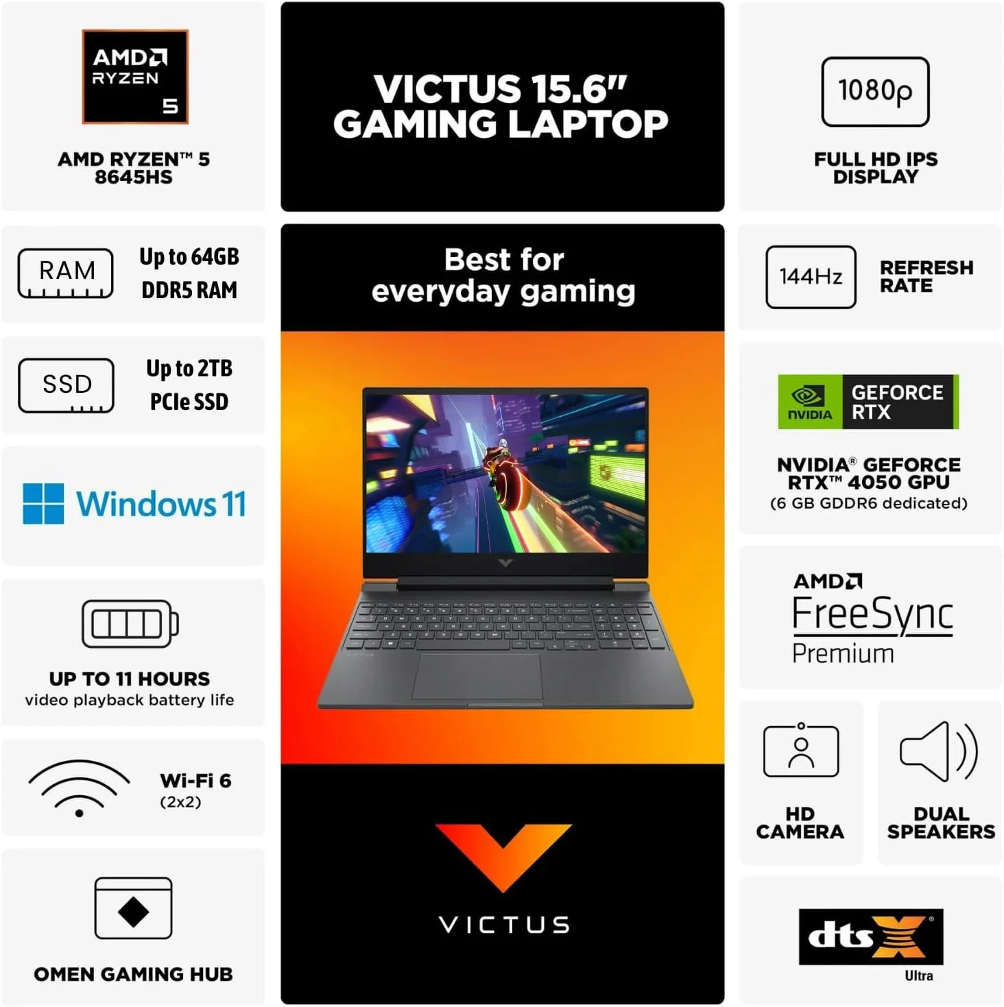 لپ تاپ گیمینگ HP Victus 15.6 Ryzen 5 RTX 4050، صفحه نمایش 15.6 اینچی FHD 144Hz، پردازنده AMD Ryzen 5 8645HS (بهتر از Intel i7-1355U و Intel i5-14400F)، کارت گرافیک NVIDIA GeForce RTX 4050، رم 16GB DDR5، حافظه SSD 1TB، کیبورد با نور پس زمینه، W11H لپ تاپ گیمینگ HP Victus 15.6 Ryzen 5 RTX 4050، صفحه نمایش 15.6 اینچی FHD 144Hz، پردازنده AMD Ryzen 5 8645HS (بهتر از Intel i7-1355U و Intel i5-14400F)، کارت گرافیک NVIDIA GeForce RTX 4050، رم 16GB DDR5، حافظه SSD 1TB، کیبورد با نور پس زمینه، W11H