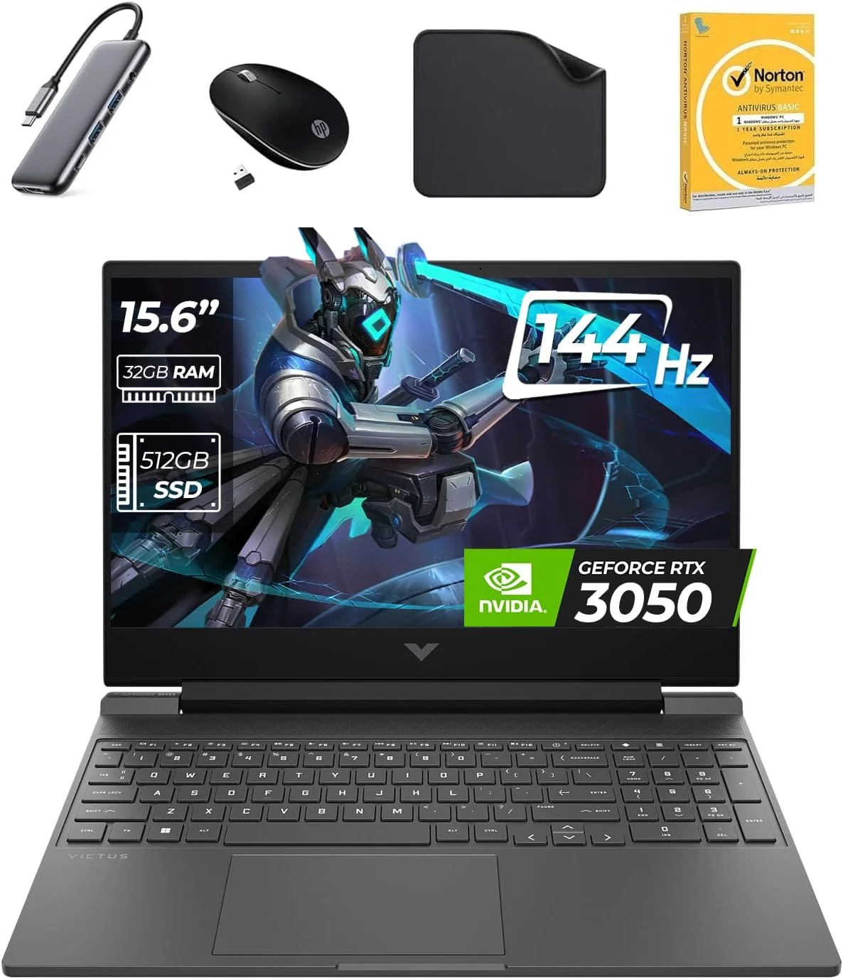 لپ تاپ گیمینگ HP Victus با نمایشگر 15.6 اینچی FHD، پردازنده نسل سیزدهم Intel Core i5-13500H، رم 32 گیگابایتی - SSD 512 گیگابایتی، کارت گرافیک RTX 3050 6GB، ویندوز 11 پرو (شامل هاب 7 در 1 First Wave + ماوس بی سیم + آنتی ویروس + پد ماوس) مدل 15-FA1043NE