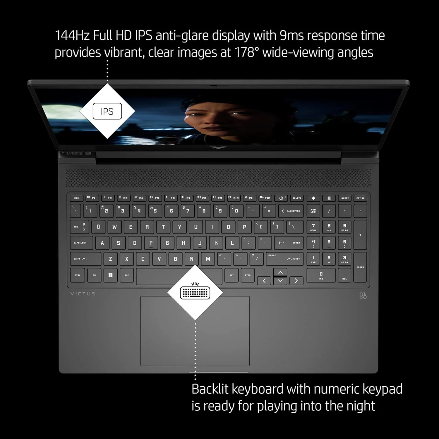 لپ تاپ HP Victus 15، صفحه نمایش FHD IPS 144 هرتز، زمان پاسخگویی 9 میلی ثانیه، پردازنده Intel Core i7-13700H، رم 16 گیگابایتی، SSD 512 گیگابایتی، کارت گرافیک NVIDIA GeForce RTX 4050 (6 گیگابایت)، ویندوز 11 هوم، 15-fa1020nr (2023)