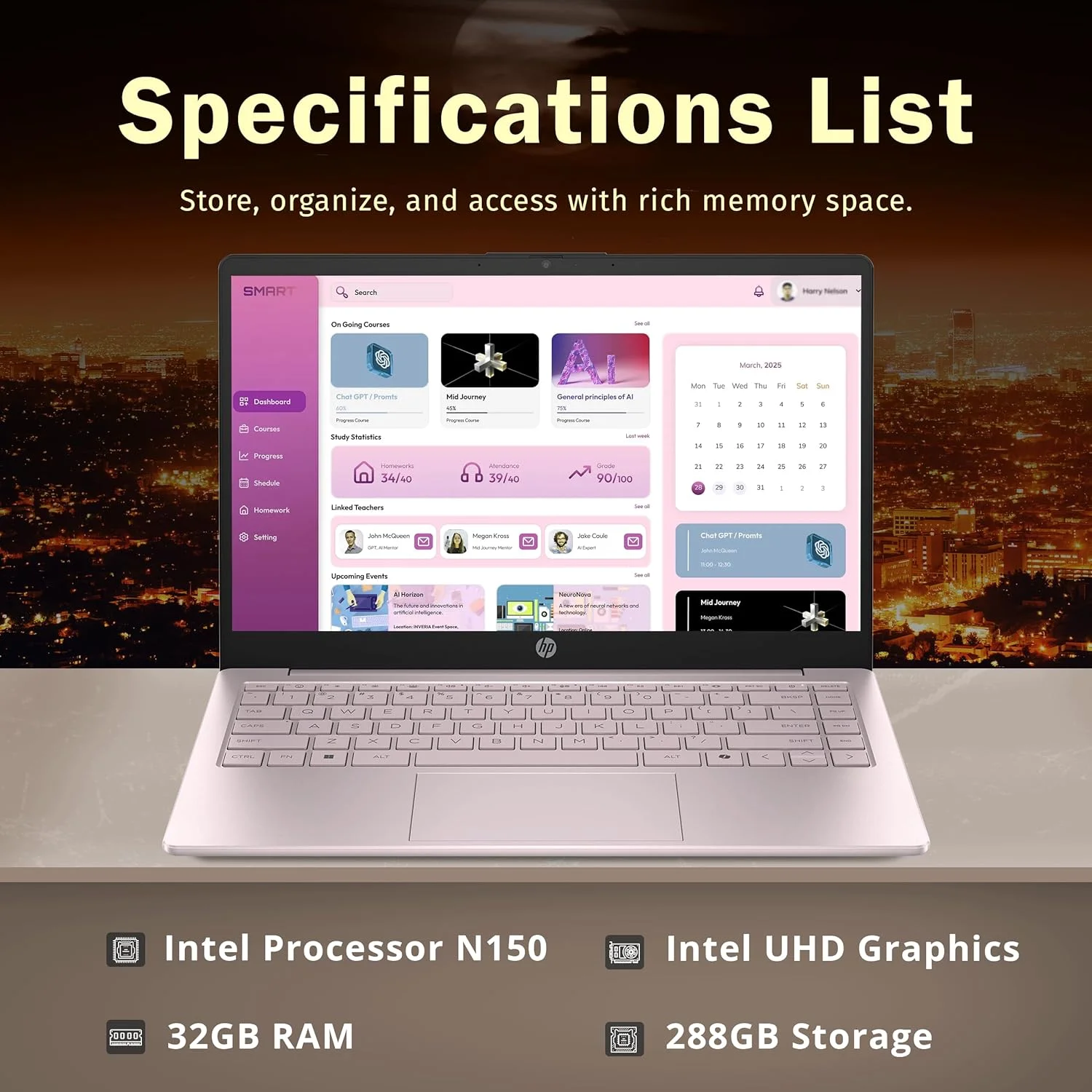 لپ تاپ HP Stream 14 اینچی HD BrightView، پردازنده Intel N150، رم 32 گیگابایت، حافظه 288 گیگابایت (128 گیگابایت UFS + 160 گیگابایت SSD Docking Station Set)، گرافیک Intel، وب کم HD، Wi-Fi، یک سال Office 365، Win 11 S، صورتی