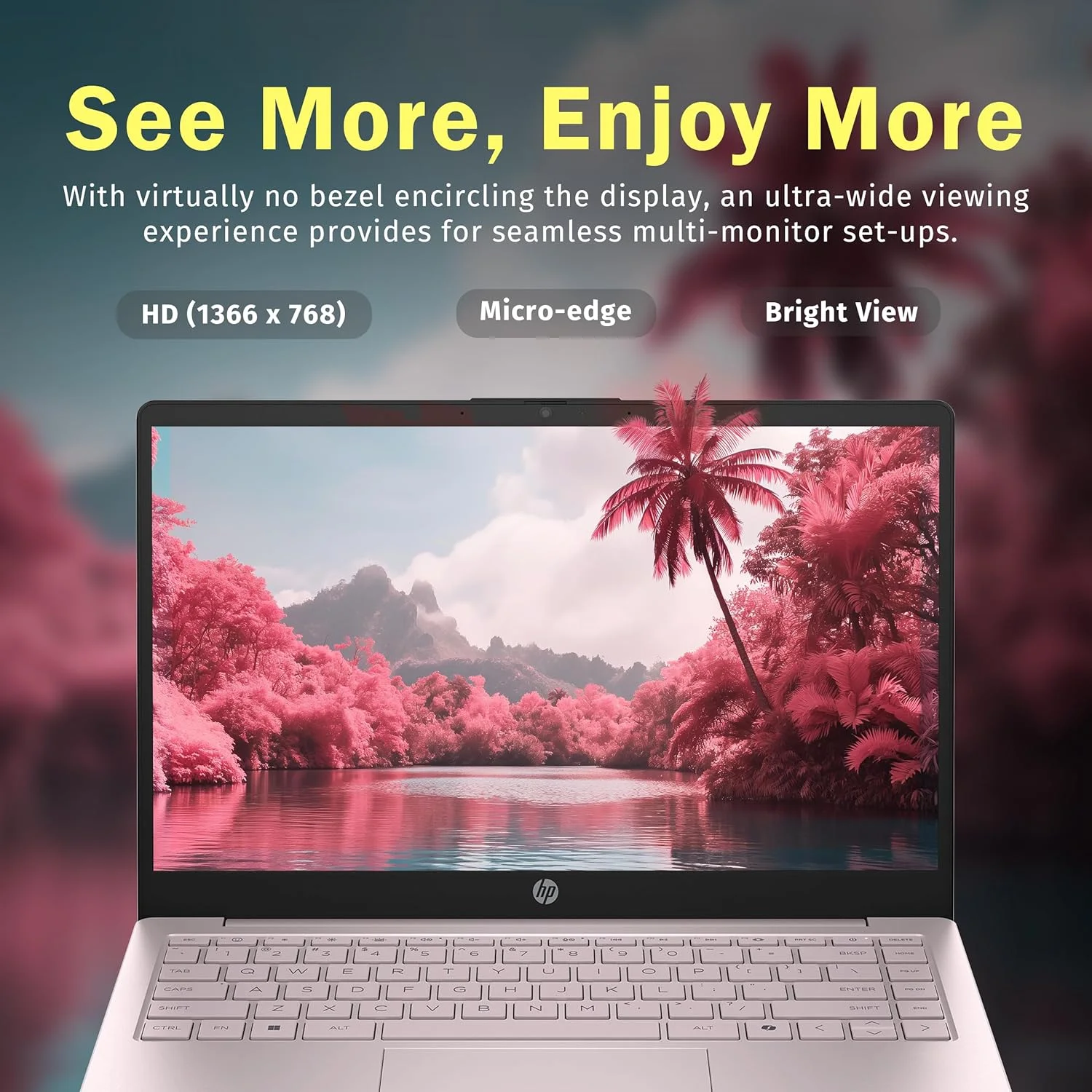 لپ تاپ HP Stream 14 اینچی HD BrightView، پردازنده Intel N150، رم 32 گیگابایت، حافظه 288 گیگابایت (128 گیگابایت UFS + 160 گیگابایت SSD Docking Station Set)، گرافیک Intel، وب کم HD، Wi-Fi، یک سال Office 365، Win 11 S، صورتی