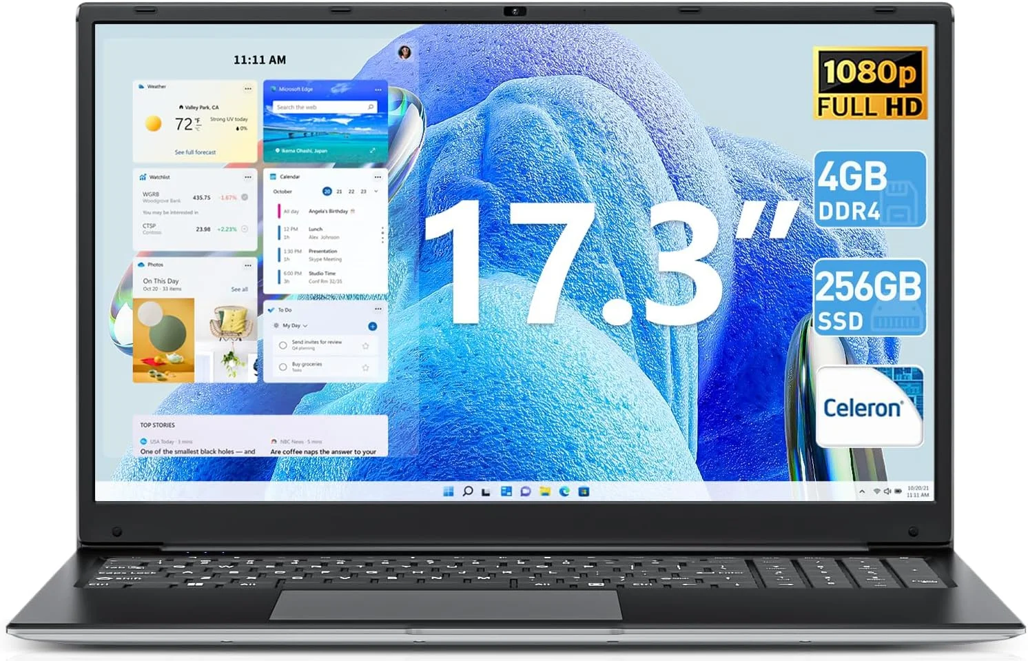 لپ تاپ SGIN، رم 4 گیگابایتی، SSD 256 گیگابایتی، کامپیوتر لپ تاپ 17.3 اینچی با صفحه نمایش IPS 1920 * 1080، پردازنده چهار هسته ای Celeron J4105 (تا 2.5 گیگاهرتز)، ویندوز 11، Mini HDMI، Wi-Fi، Type-C، باتری 8000mAh (مشکی)