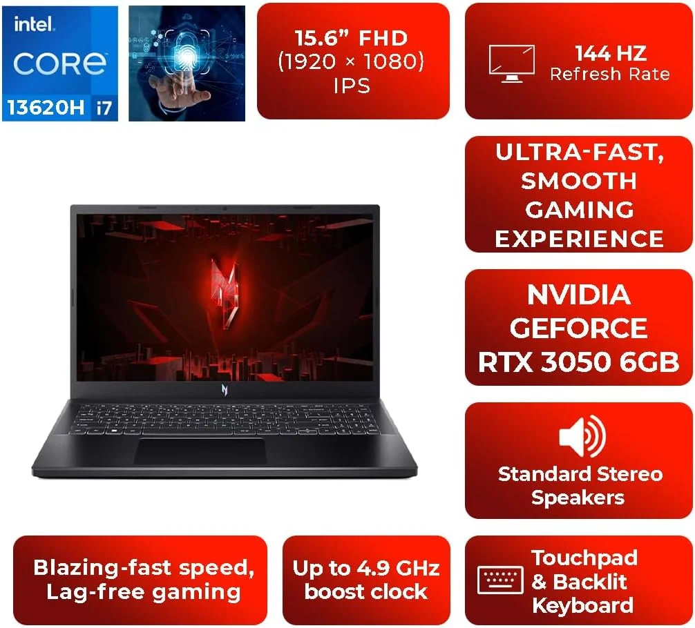 لپ تاپ گیمینگ ایسر نیترو V 15 | پردازنده نسل سیزدهم Intel Core i7-13620H | رم 16 گیگابایت DDR5 | حافظه 1 ترابایت SSD | کارت گرافیک NVIDIA GeForce RTX 3050 6GB | صفحه نمایش 15.6 اینچ FHD 144Hz IPS | ویندوز 11 پرو | ANV15-51-71PD (ارتقا یافته) - مشکی