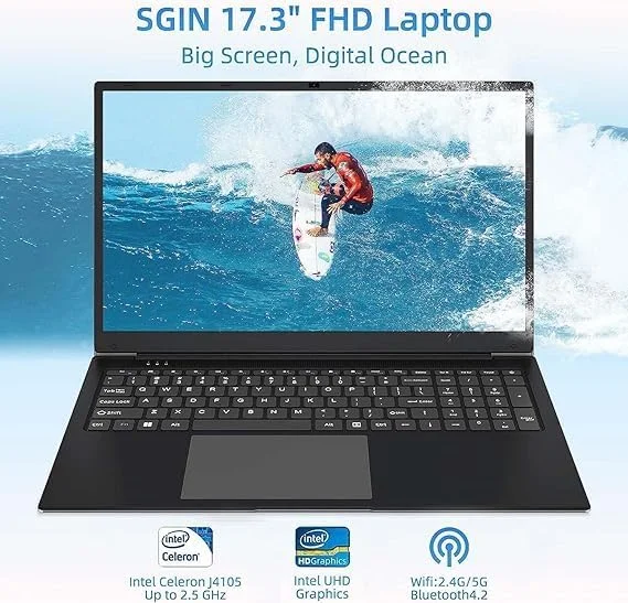 لپ تاپ SGIN، رم 4 گیگابایتی، SSD 256 گیگابایتی، کامپیوتر لپ تاپ 17.3 اینچی با صفحه نمایش IPS 1920 * 1080، پردازنده چهار هسته ای Celeron J4105 (تا 2.5 گیگاهرتز)، ویندوز 11، Mini HDMI، Wi-Fi، Type-C، باتری 8000mAh (مشکی)