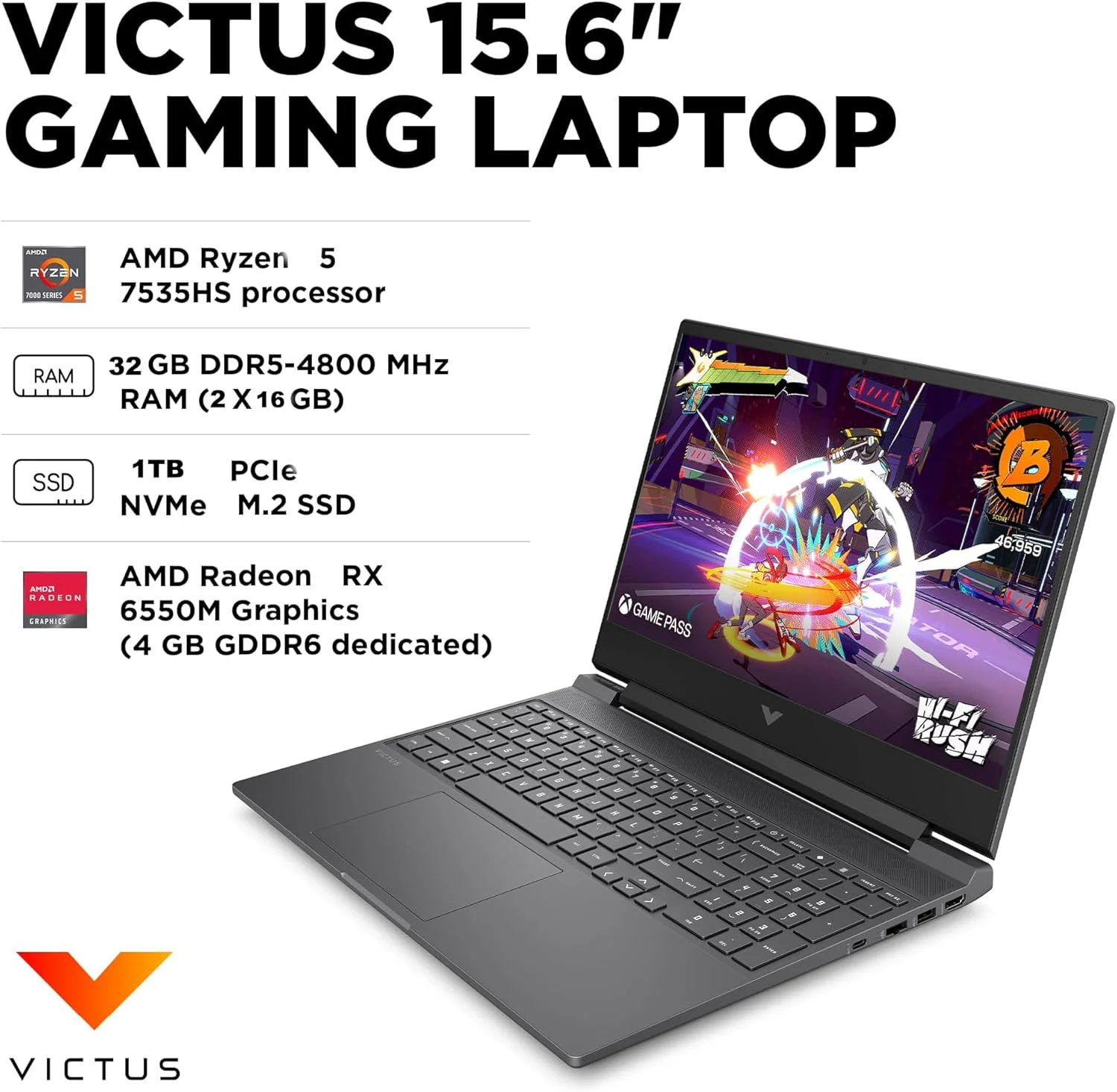 لپ تاپ گیمینگ HP Victus 15 (صفحه نمایش 15.6 اینچی FHD 144Hz IPS، پردازنده AMD Ryzen 5 7535HS، رم 32 گیگابایتی DDR5، حافظه SSD 1 ترابایتی، کارت گرافیک GeForce RTX 2050 4GB، (8 هسته ای معادل i7-11800H)) دارای نور پس زمینه، Wi-Fi 6، وب کم، ویندوز 11 هوم، 2024، نقره ای میکا