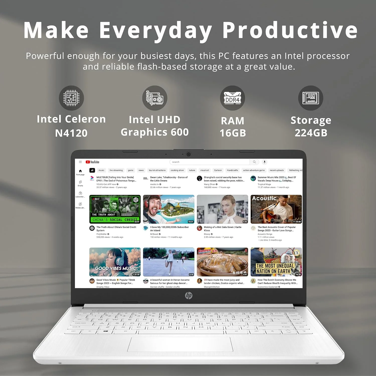 لپ تاپ سبک وزن 14 اینچی اچ پی استریم با کیفیت HD، پردازنده اینتل سلرون N4120، رم 16 گیگابایتی، حافظه 224 گیگابایتی (64 گیگابایت eMMC + 160 گیگابایت داکینگ استیشن)، گرافیک اینتل UHD، وب کم HD، یک سال آفیس 365، وای فای، بلوتوث، ویندوز 11s، سفید