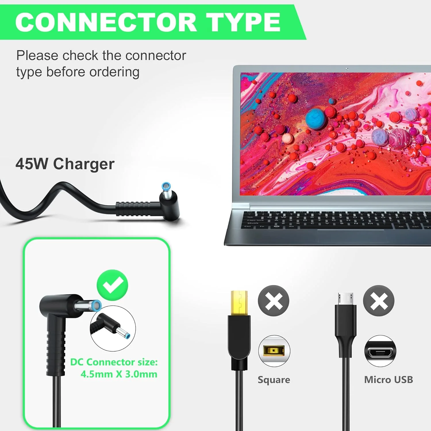 شارژر لپ تاپ HP، آداپتور 45 واتی برای HP Stream 11 13 14، Elitebook Folio، Chromebook، Envy، Spectre Ultrabook، Pavilion Touchsmart و غیره (4.5mm * 3mm)