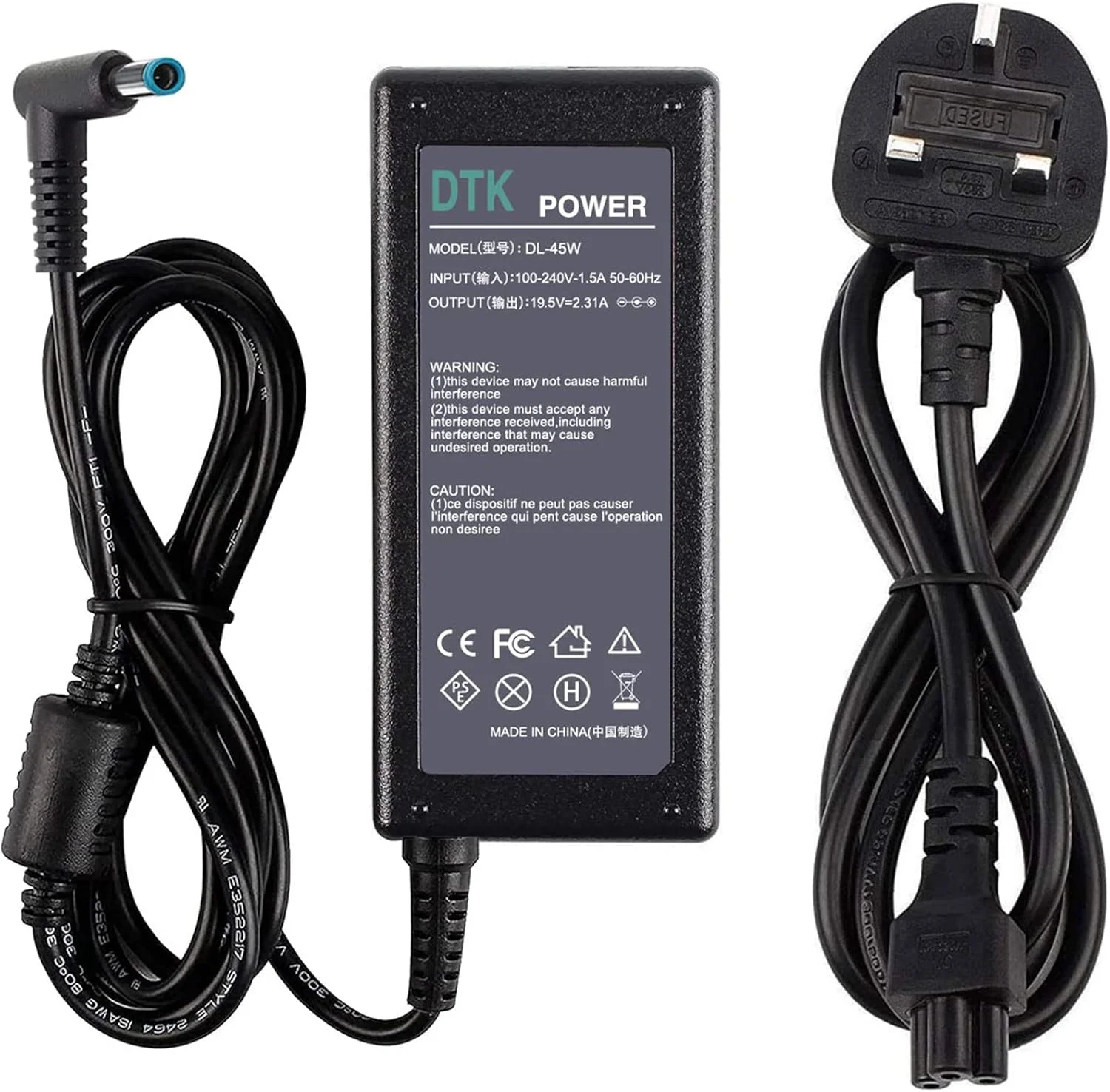شارژر لپ تاپ 45 وات DTK برای HP مدل HP 741727-001 740015-003 HSTNN-DA40 19.5V 2.31A آداپتور AC با کابل برق برای لپ تاپ های HP Pavilion Elitebook Probook Stream (رابط: 4.5 X 3.0mm)