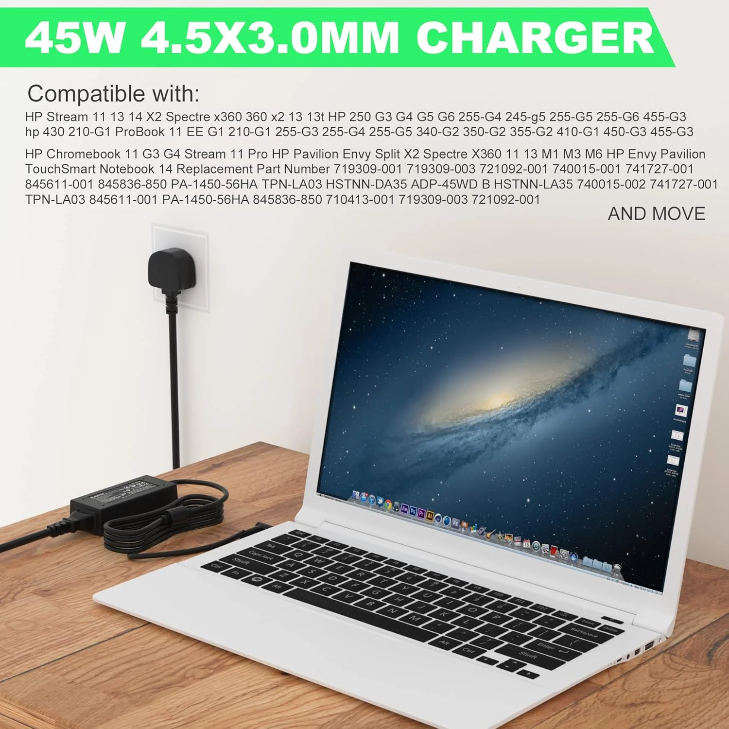 شارژر لپ تاپ HP، آداپتور 45 واتی برای HP Stream 11 13 14، Elitebook Folio، Chromebook، Envy، Spectre Ultrabook، Pavilion Touchsmart و غیره (4.5mm * 3mm)