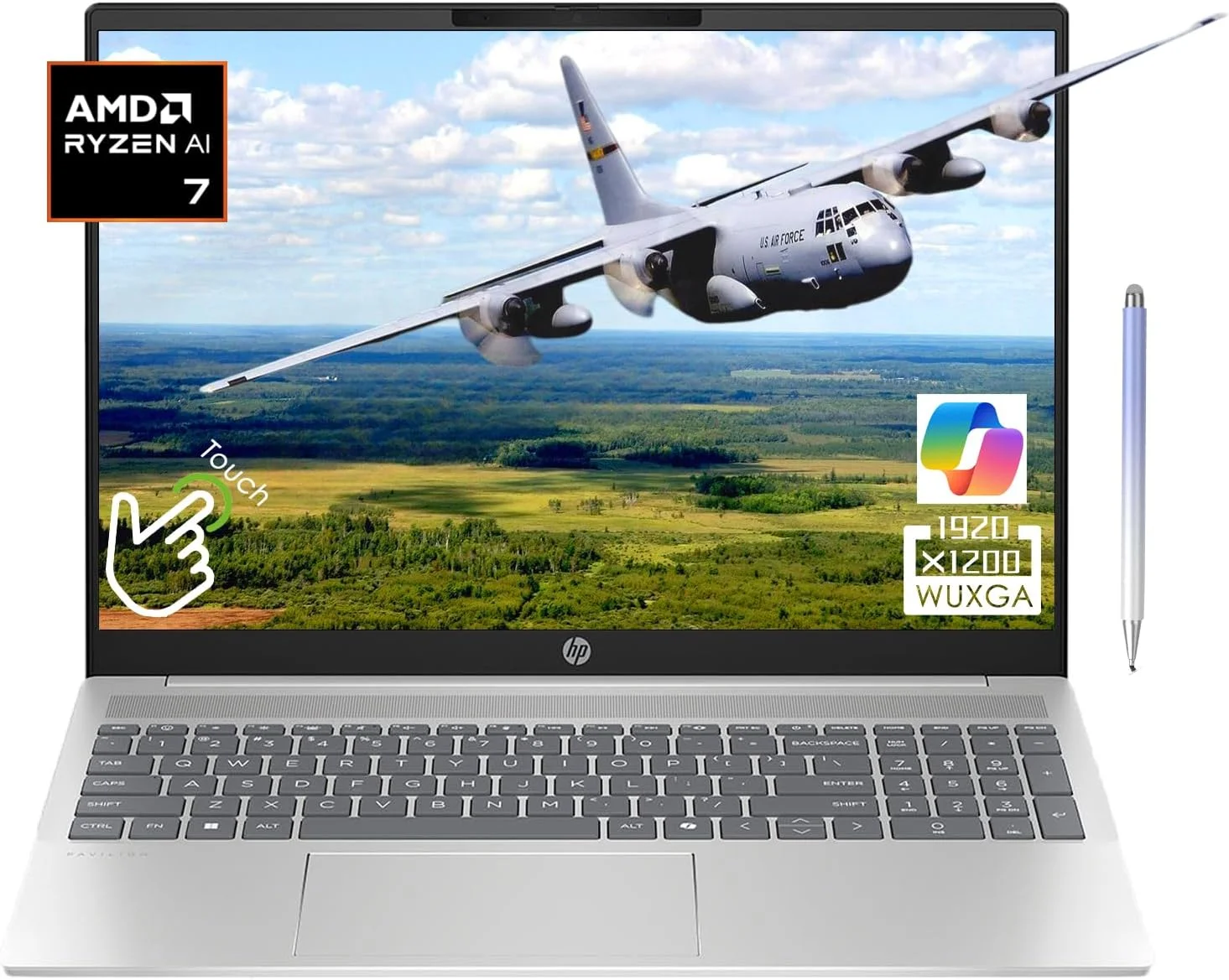 لپ تاپ لمسی 16 اینچی HP Pavilion - WUXGA (1920 x 1200) - AMD Ryzen 7 8840U - رم 16 گیگابایتی LPDDR5-6400Mhz - SSD 512 گیگابایتی PCIe - صفحه کلید با نور پس زمینه - Copilot PC - وب کم 1080p - ویندوز 11 Home - همراه با قلم استایلوس