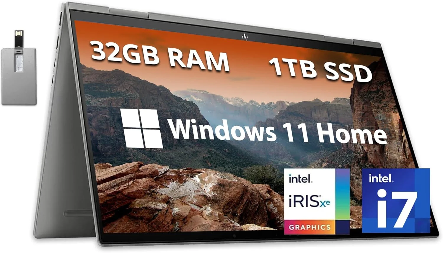 لپ تاپ لمسی 2 در 1 HP Envy X360 مدل 15.6 اینچی FHD، پردازنده Intel Core i7-1165G7، رم 32 گیگابایت، SSD 1 ترابایتی PCIe، کیبورد با نور پس زمینه، گرافیک Iris Xe، صدای B&O، ویندوز 11، نقره ای، کارت USB 32 گیگابایتی Snowbell (ارتقا یافته)