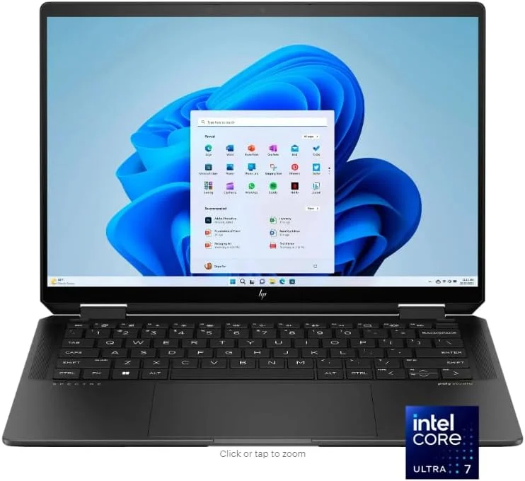 لپ تاپ HP Spectre، پردازنده Intel Core Ultra 7 155H AI، رم 16 گیگابایتی، SSD 1 ترابایتی، صفحه نمایش لمسی 14 اینچی 2.8K OLED 120 هرتز 2 در 1، گرافیک Intel Arc، ویندوز 11 هوم، مشکی، کیبورد انگلیسی با نور پس زمینه