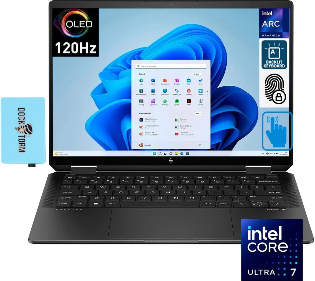 لپ تاپ جدید HP Spectre x360 2-in-1 با صفحه نمایش لمسی 14.0 اینچی OLED 120 هرتز 2.8K (نسل 14 اینتل Ultra 7-155H با 16 هسته، 16 گیگابایت رم، 2 ترابایت SSD، کیبورد با نور پس زمینه، حسگر اثر انگشت، 2 تاندربولت 4، ویندوز 11 پرو) به همراه هاب DKZ با پورت USB