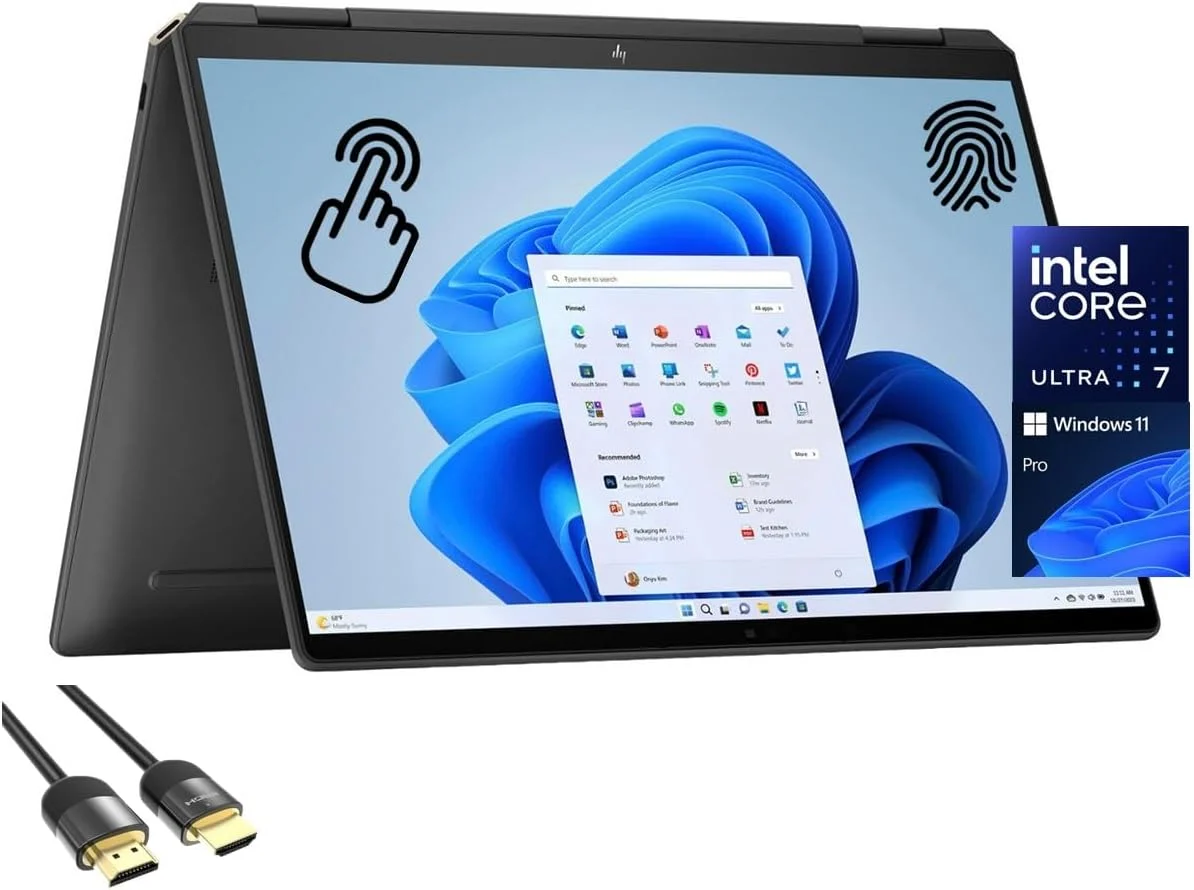 لپ تاپ 2 در 1 HP Spectre، صفحه نمایش لمسی 14 اینچی 2.8K OLED، Core Ultra 7-155H، رم 16 گیگابایت DDR5، حافظه 512 گیگابایت PCIe 4.0، کیبورد با نور پس زمینه، حسگر اثر انگشت، WiFi 6E، وب کم، TB 4، شارژ سریع، BT، کابل PDG HDMI، ویندوز 11 پرو