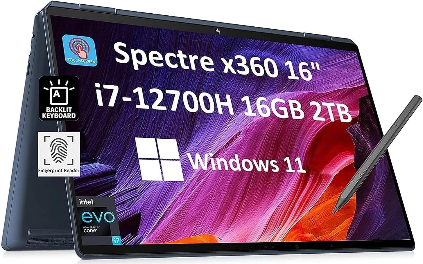 لپ تاپ 2 در 1 HP Spectre x360 16 اینچی با صفحه لمسی 3K QHD+ (پردازنده Intel نسل 12 i7-12700H، رم 16 گیگابایتی، SSD 2 ترابایتی، قلم) مناسب برای خانه، کسب و کار و تولید محتوا، عمر باتری طولانی، حسگر اثر انگشت، نور پس زمینه، Thunderbolt 4، ویندوز 11 پرو