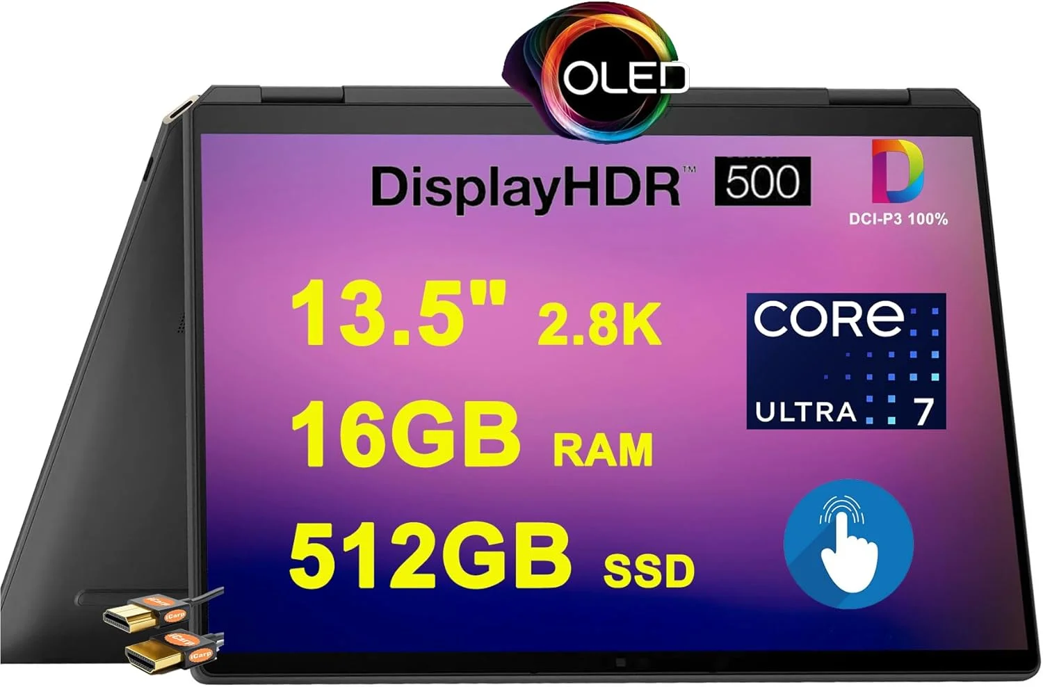 لپ تاپ 2 در 1 هوش مصنوعی HP Spectre x360، صفحه نمایش لمسی 14 اینچی 2.8K OLED (HDR 500nits، 100% DCI-P3)، پردازنده 16 هسته ای Intel Ultra 7 155H، رم 16 گیگابایتی، حافظه SSD 512 گیگابایتی، نور پس زمینه صفحه کلید، حسگر اثر انگشت، Thunderbolt4، دوربین IR، ویندوز 11، مشکی + کابل HDMI