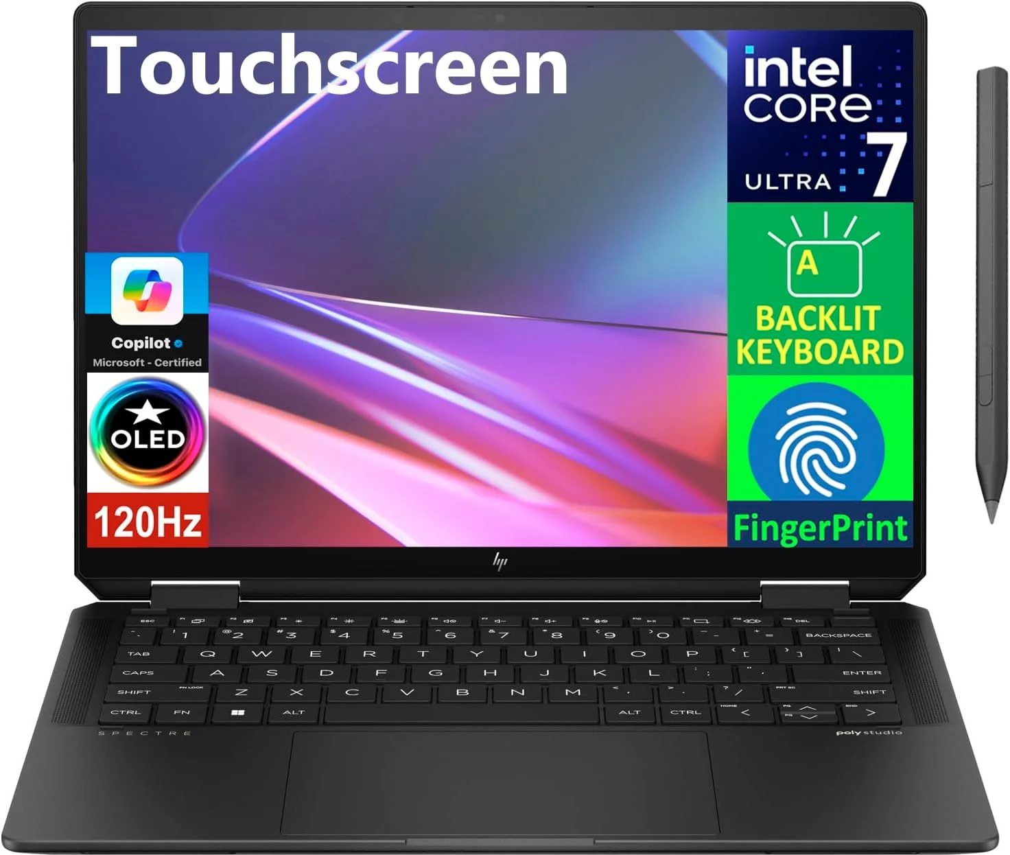 لپ تاپ 2 در 1 HP Spectre x360 با هوش مصنوعی، صفحه نمایش لمسی 14.0 اینچی OLED 2.8K (پردازنده Intel Ultra 7-155H، رم 32 گیگابایتی LPDDR5X، حافظه SSD 2 ترابایتی PCIe، قلم فعال، کیبورد با نور پس زمینه، حسگر اثر انگشت، ویندوز 11 پرو) همراه با توسعه دهنده پورت USB DKZ