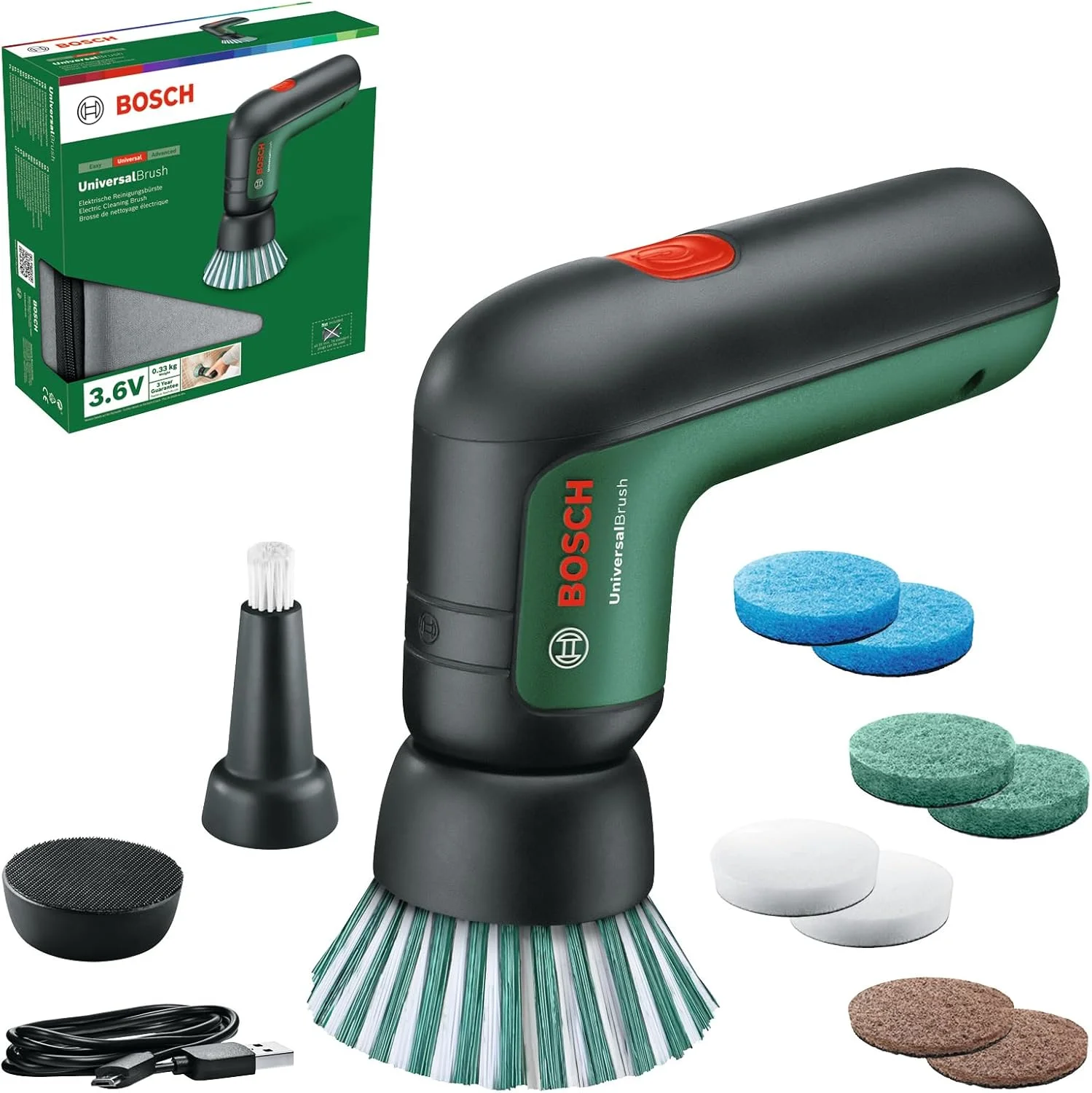 برس تمیز کننده برقی خانگی و باغ بوش Universalbrush 3.6 ولت با باتری یکپارچه، 1 کابل میکرو USB و 4 ضمیمه تمیز کننده، بسته بندی کارتنی، سبز، 06033E0000 برس تمیز کننده برقی خانگی و باغ بوش Universalbrush 3.6 ولت با باتری یکپارچه، 1 کابل میکرو USB و 4 ضمیمه تمیز کننده، بسته بندی کارتنی، سبز، 06033E0000