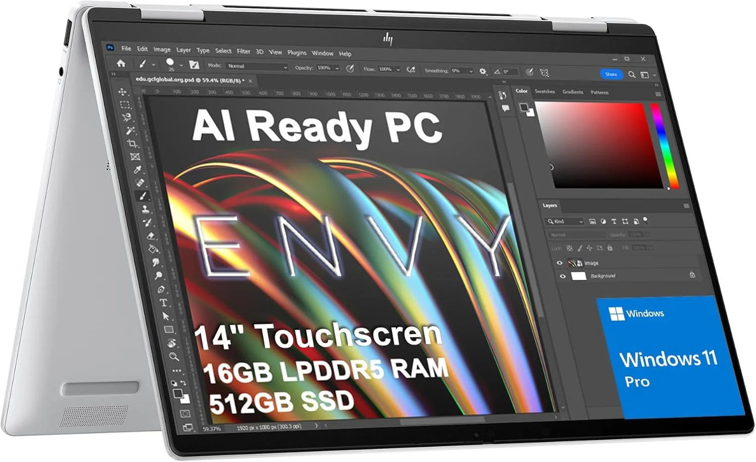 لپ تاپ 2 در 1 HP Envy x360 (صفحه نمایش لمسی 14 اینچی FHD+، AMD Ryzen 5 8640HS (> Intel i7-1255u)، رم 16 گیگابایتی، SSD 512 گیگابایتی)، مناسب تولیدکنندگان محتوا، عکاسان، طراحان، دارای نور پس زمینه، وب کم IR 5 مگاپیکسلی، Copilot، ویندوز 11 پرو، کامپیوتر هوش مصنوعی 2025