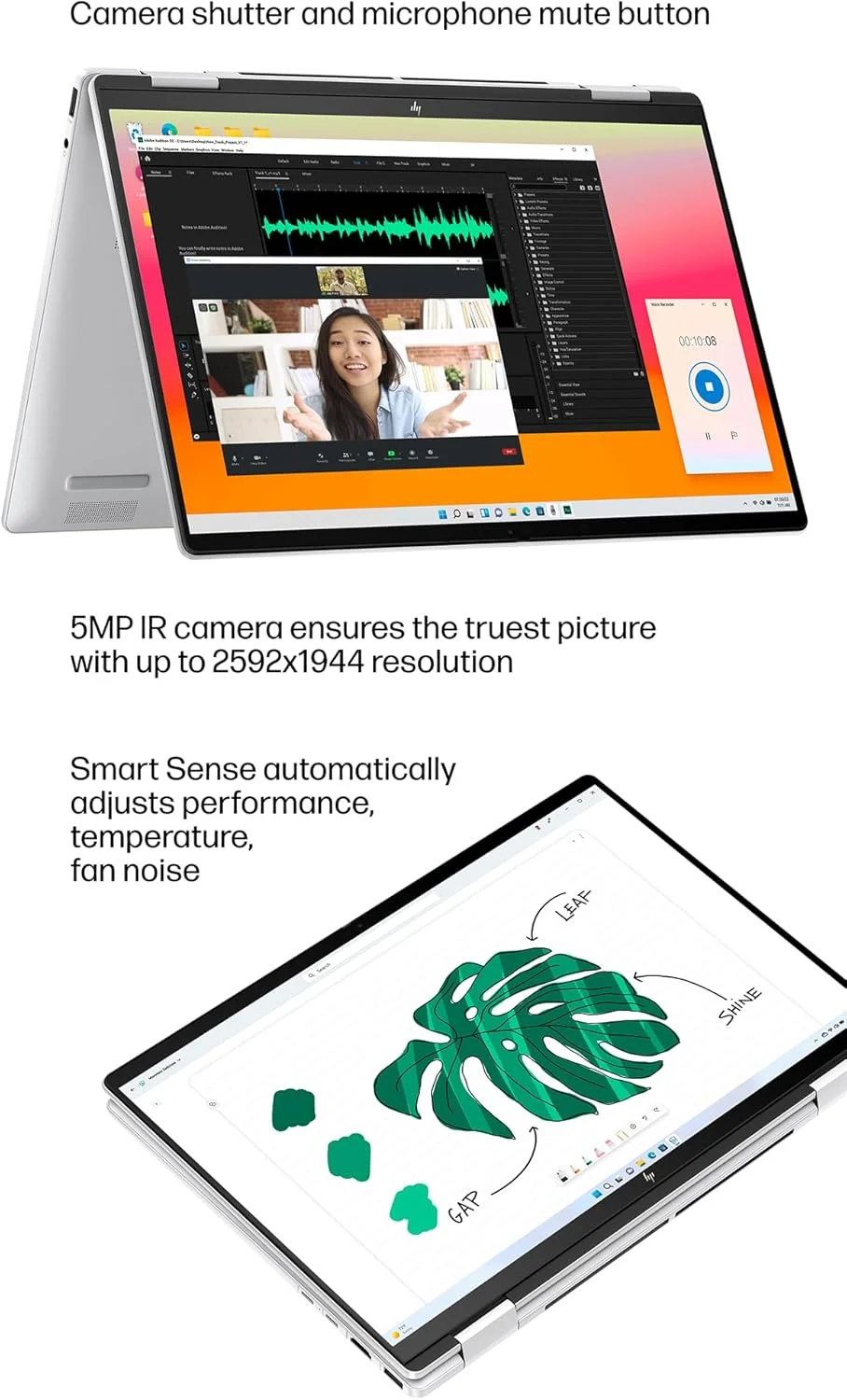 لپ تاپ 2 در 1 HP Envy x360 (صفحه نمایش لمسی 14 اینچی FHD+، AMD Ryzen 5 8640HS (> Intel i7-1255u)، رم 16 گیگابایتی، SSD 512 گیگابایتی)، مناسب تولیدکنندگان محتوا، عکاسان، طراحان، دارای نور پس زمینه، وب کم IR 5 مگاپیکسلی، Copilot، ویندوز 11 پرو، کامپیوتر هوش مصنوعی 2025