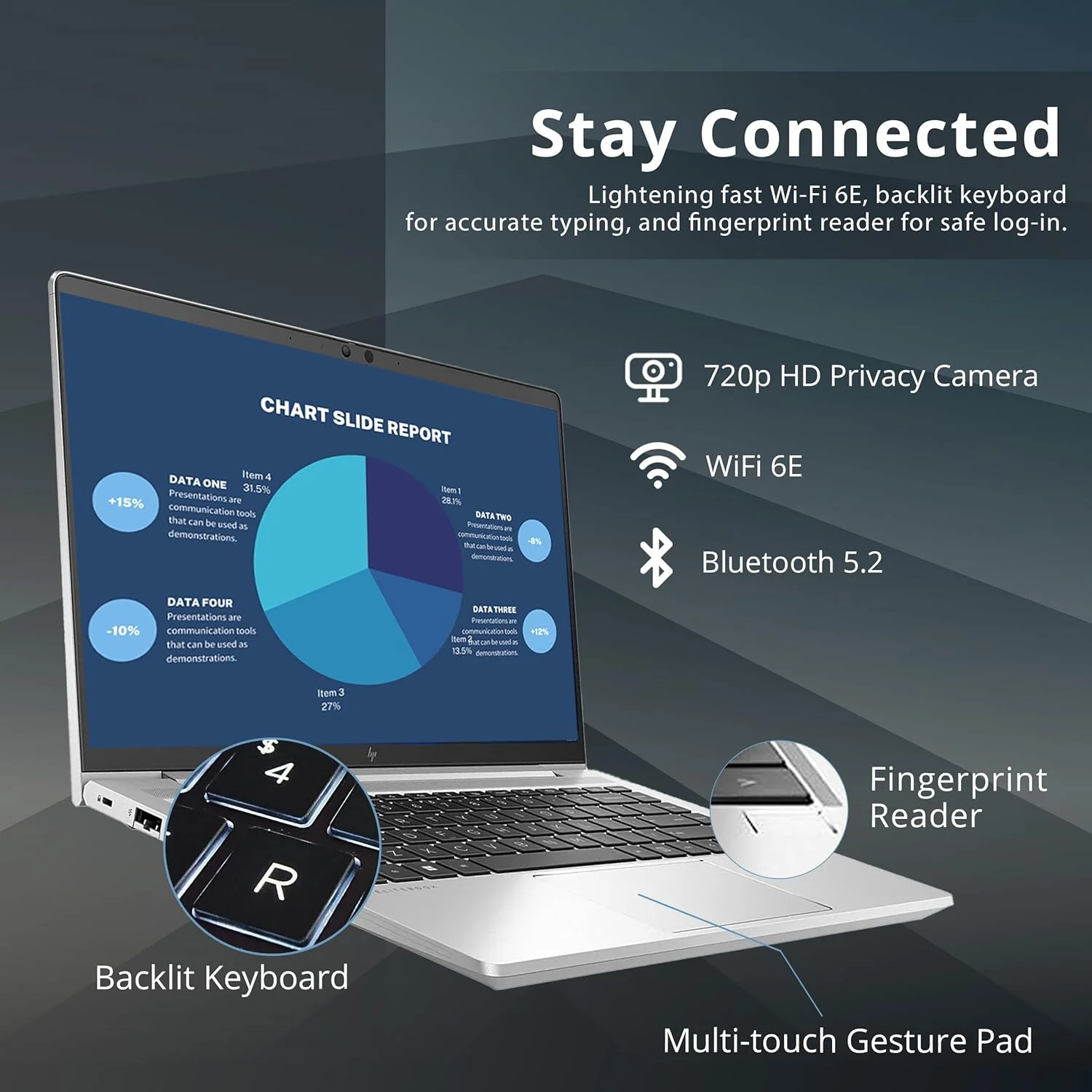 لپ تاپ تجاری HP EliteBook 640 G9 14 اینچی FHD مدل 2022، پردازنده نسل دوازدهم i5-1235U، رم 16 گیگابایتی، SSD 512 گیگابایتی PCIe، صفحه کلید با نور پس زمینه، حسگر اثر انگشت، دوربین 720p، Wi-Fi 6E، ویندوز 10 پرو، نقره ای، کارت USB 32 گیگابایتی SnowBell لپ تاپ تجاری HP EliteBook 640 G9 14 اینچی FHD مدل 2022، پردازنده نسل دوازدهم i5-1235U، رم 16 گیگابایتی، SSD 512 گیگابایتی PCIe، صفحه کلید با نور پس زمینه، حسگر اثر انگشت، دوربین 720p، Wi-Fi 6E، ویندوز 10 پرو، نقره ای، کارت USB 32 گیگابایتی SnowBell