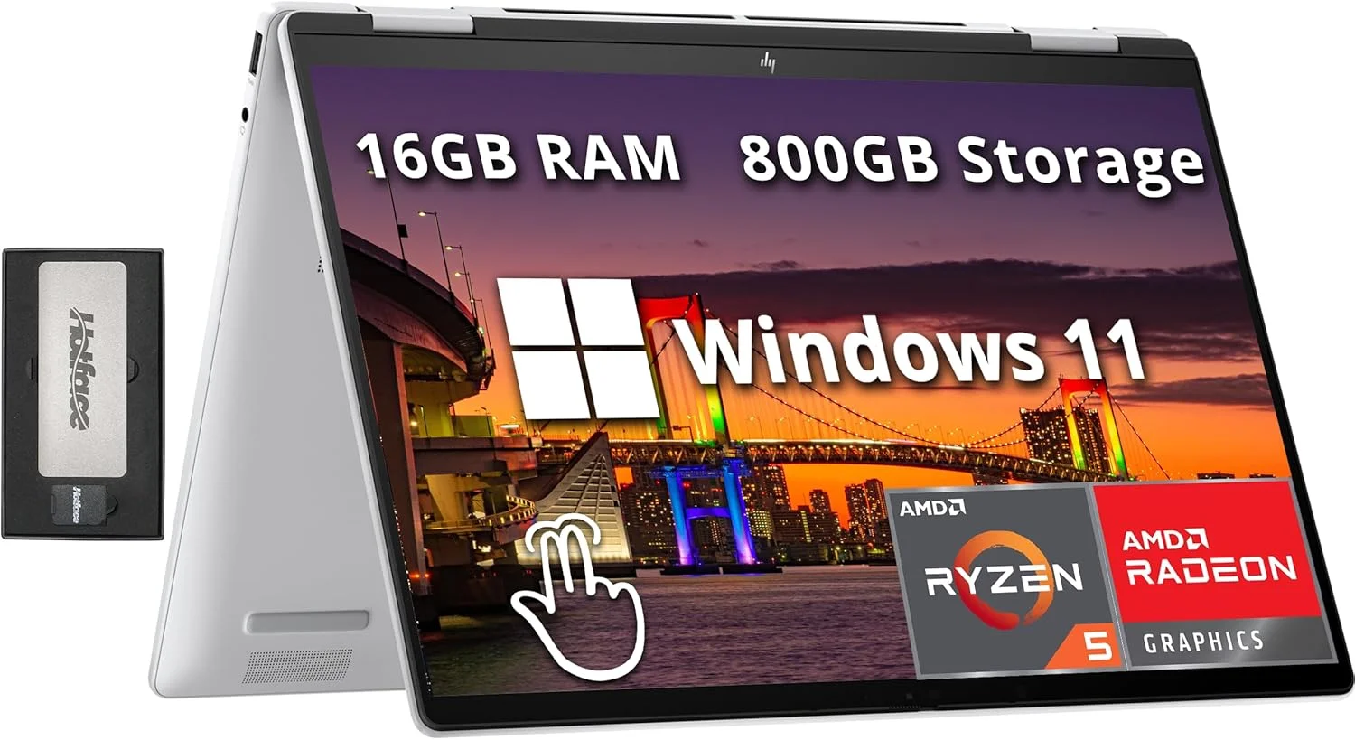لپ تاپ لمسی 2 در 1 اچ پی Envy x360 با صفحه نمایش 14 اینچی WUXGA، پردازنده AMD Ryzen 5 8640HS، رم 16 گیگابایتی LPDDR5، حافظه 800 گیگابایتی (512 گیگابایت SSD + 288 گیگابایت داک استیشن)، کیبورد با نور پس زمینه، Wi-Fi 6E، ویندوز 11 هوم، نقره ای