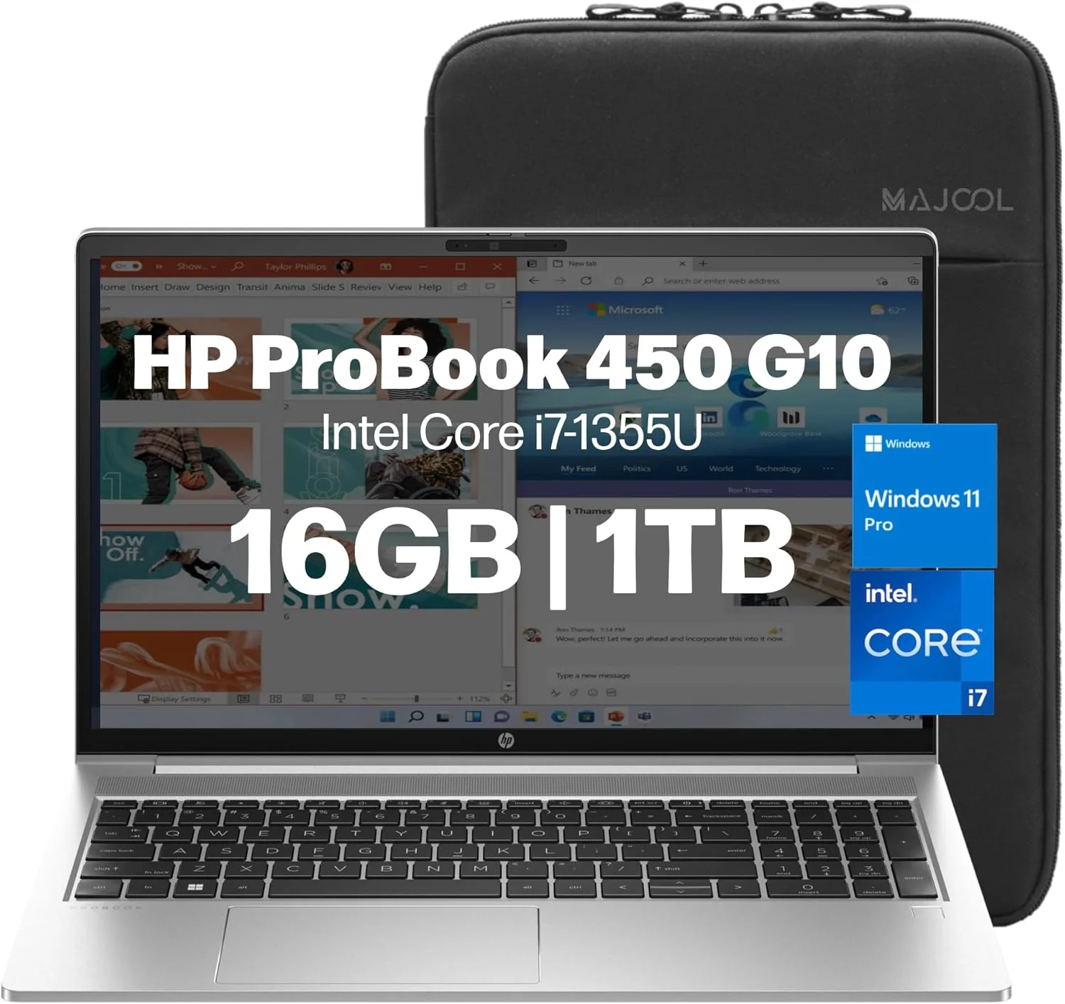 لپ تاپ تجاری HP ProBook 450 G10، نوت بوک خانگی و تجاری با صفحه نمایش 15.6 اینچی FHD، پردازنده Intel i7 1355U (10 هسته ای)، 16 گیگابایت رم، 1 ترابایت SSD، وب کم، صفحه کلید با نور پس زمینه، Wi-Fi 6، ویندوز 11 پرو به همراه کیف HP (ارتقا یافته)