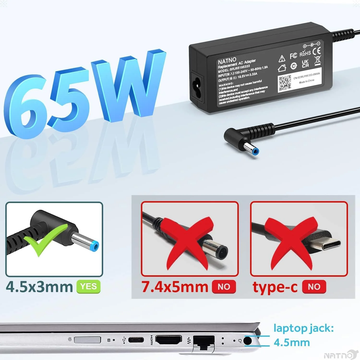 آداپتور AC ناتنو 65W 45W 19.5V سازگار با شارژر لپ تاپ HP Pavilion X360 11 13 15 Chromebook 11 14 G3 G4 Envy 13 15 17 Stream 11 13 14 Probook Elitebook Folio 1040 g1 (مشکی)