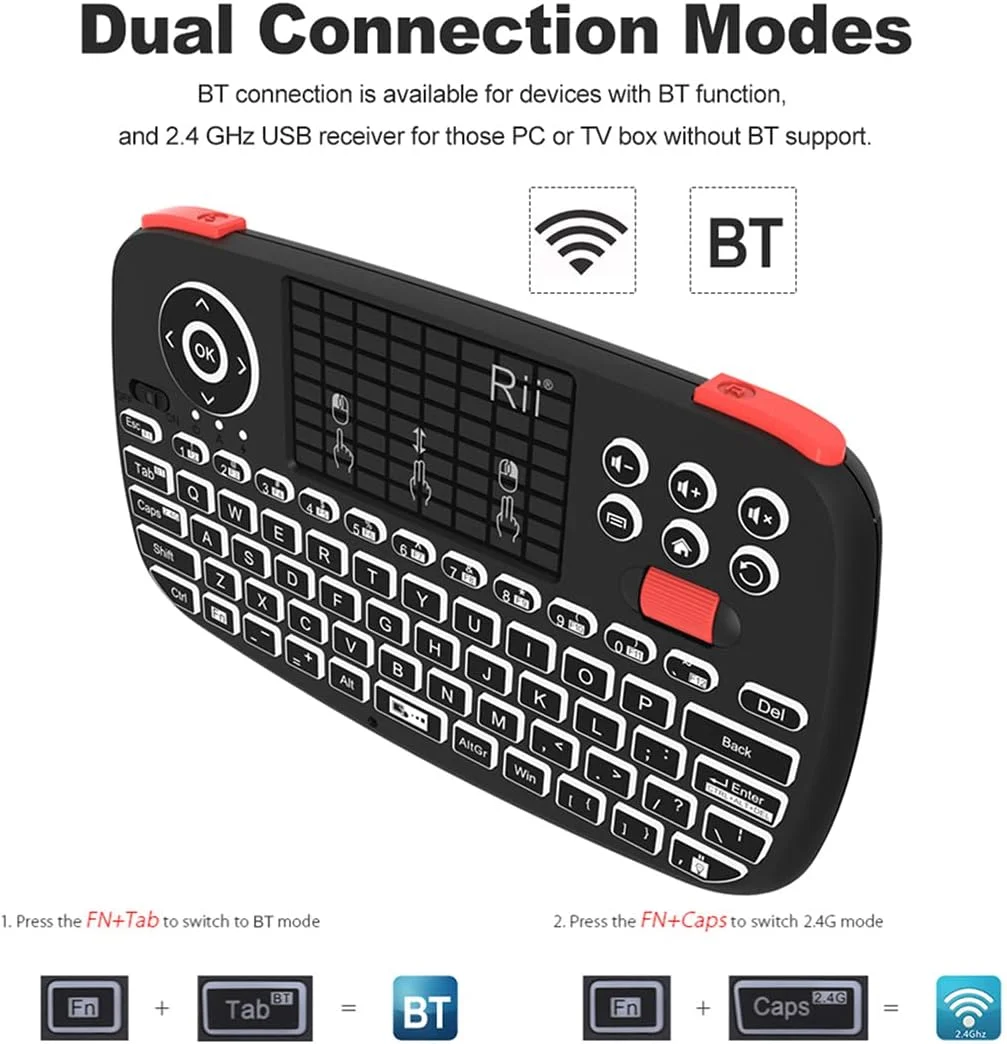 صفحه کلید بلوتوث مینی Rii i4 (ارتقاء یافته 2019) با تاچ پد، صفحه کلید بی سیم قابل حمل با نور پس زمینه با دانگل USB 2.4G برای تلفن های هوشمند، رایانه شخصی. مشکی
