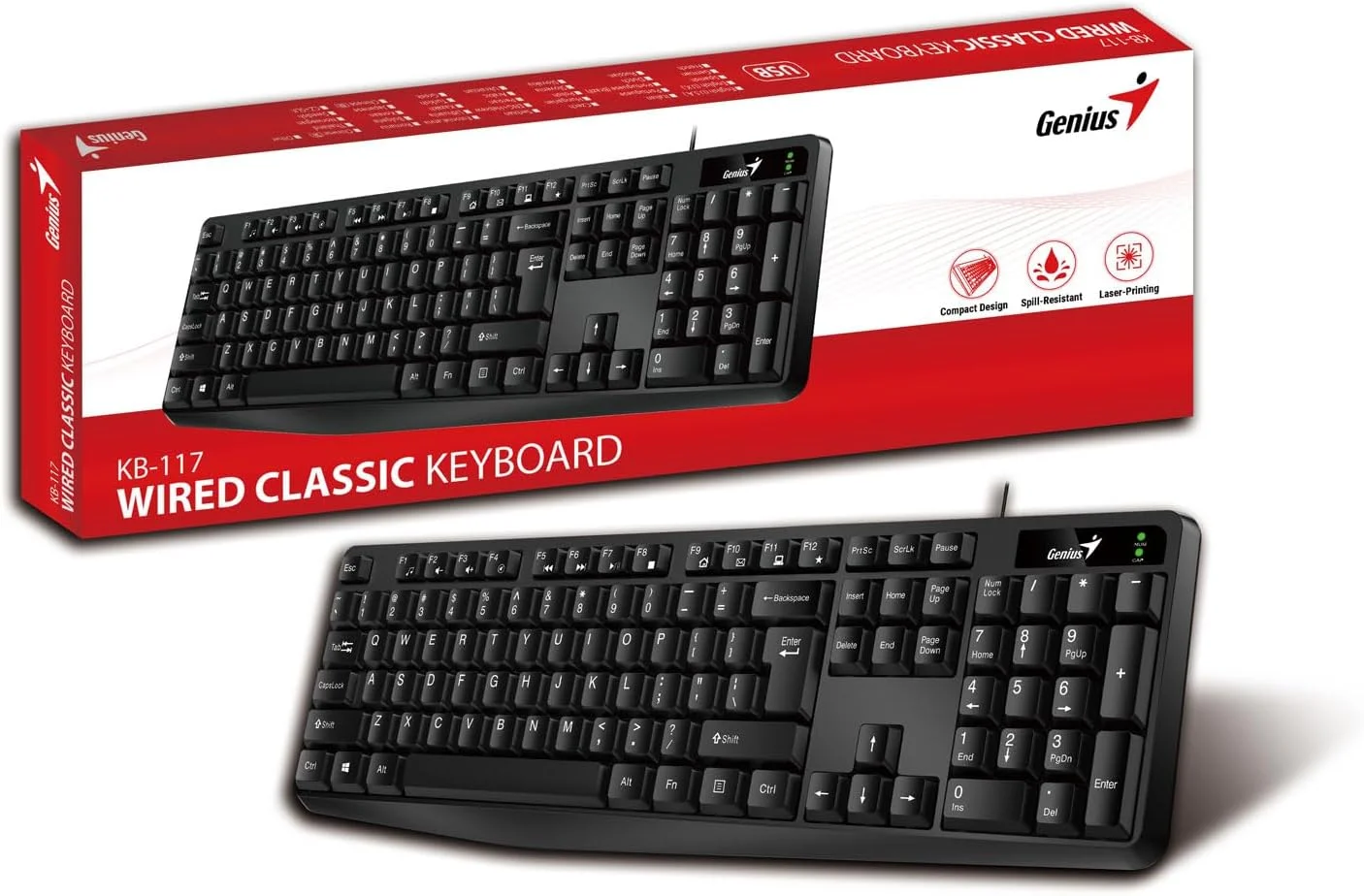 کیبورد کلاسیک سیم دار Genius KB-117، بی صدا، عربی، USB