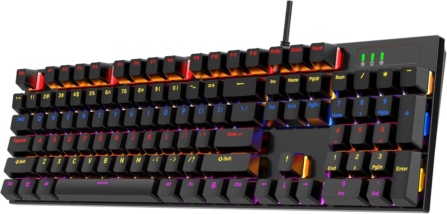 کیبورد گیمینگ مکانیکی سیم دار با سوئیچ آبی - کیبورد مکانیکی 104 کلید RGB با نور پس زمینه USB از WEETOTUNG - برای بازی های رایانه ای و کار اداری (مشکی)