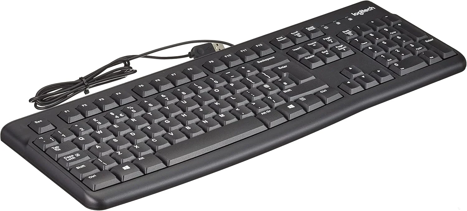 کیبورد سیم دار تجاری لاجیتک K120 برای ویندوز یا لینوکس، اتصال USB Plug-and-Play، اندازه کامل، مقاوم در برابر ریختن مایعات، کلید فاصله منحنی، PC/لپ تاپ، طرح بندی QWERTY UK - مشکی