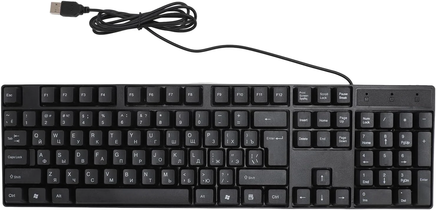 کیبورد زبان های خارجی gernie، مدل K1800، دارای 104 کلید، کابل USB سیمی 1.5 متری، روسی، فرانسوی، انگلیسی، اسپانیایی، اتصال آسان، کیبورد گیمینگ ارگونومیک برای کامپیوتر، جنس (روسی)