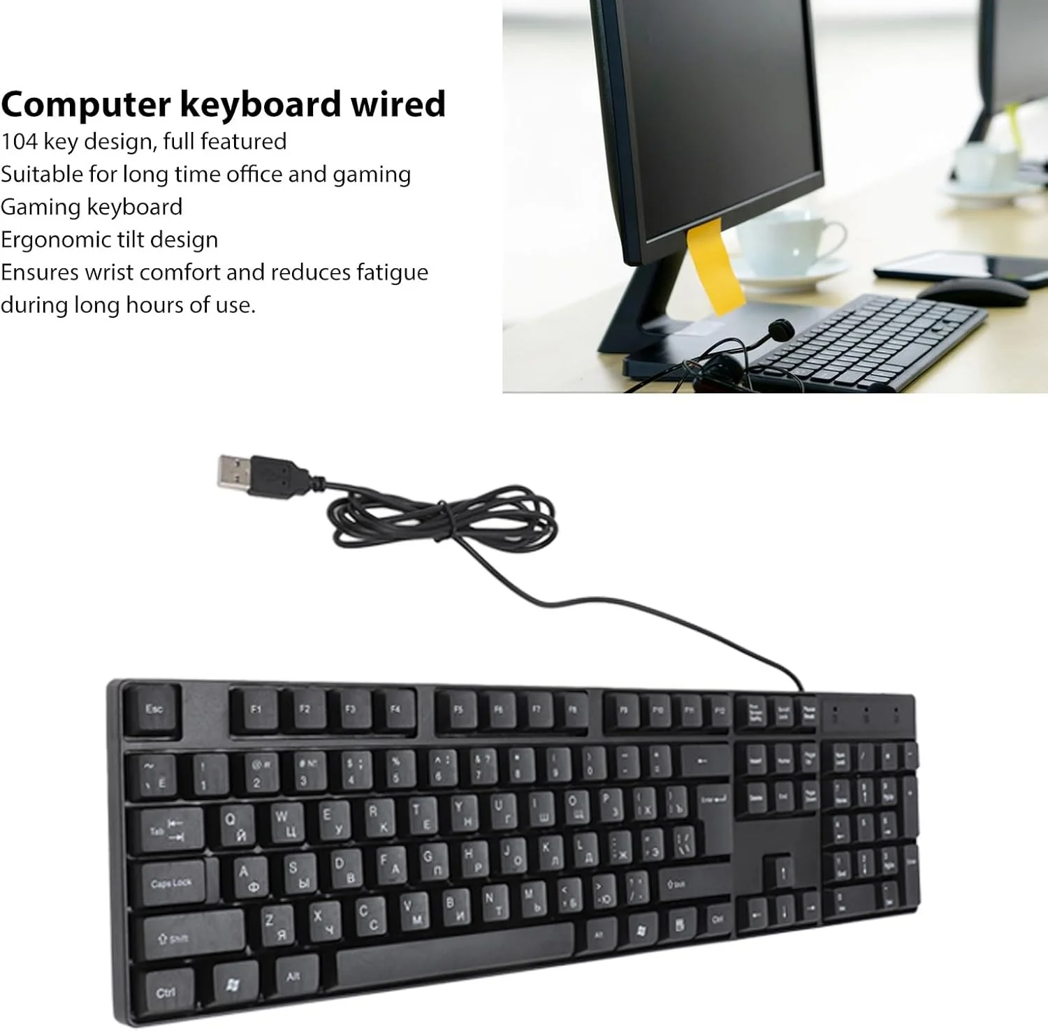 کیبورد زبان های خارجی gernie، مدل K1800، دارای 104 کلید، کابل USB سیمی 1.5 متری، روسی، فرانسوی، انگلیسی، اسپانیایی، اتصال آسان، کیبورد گیمینگ ارگونومیک برای کامپیوتر، جنس (روسی)