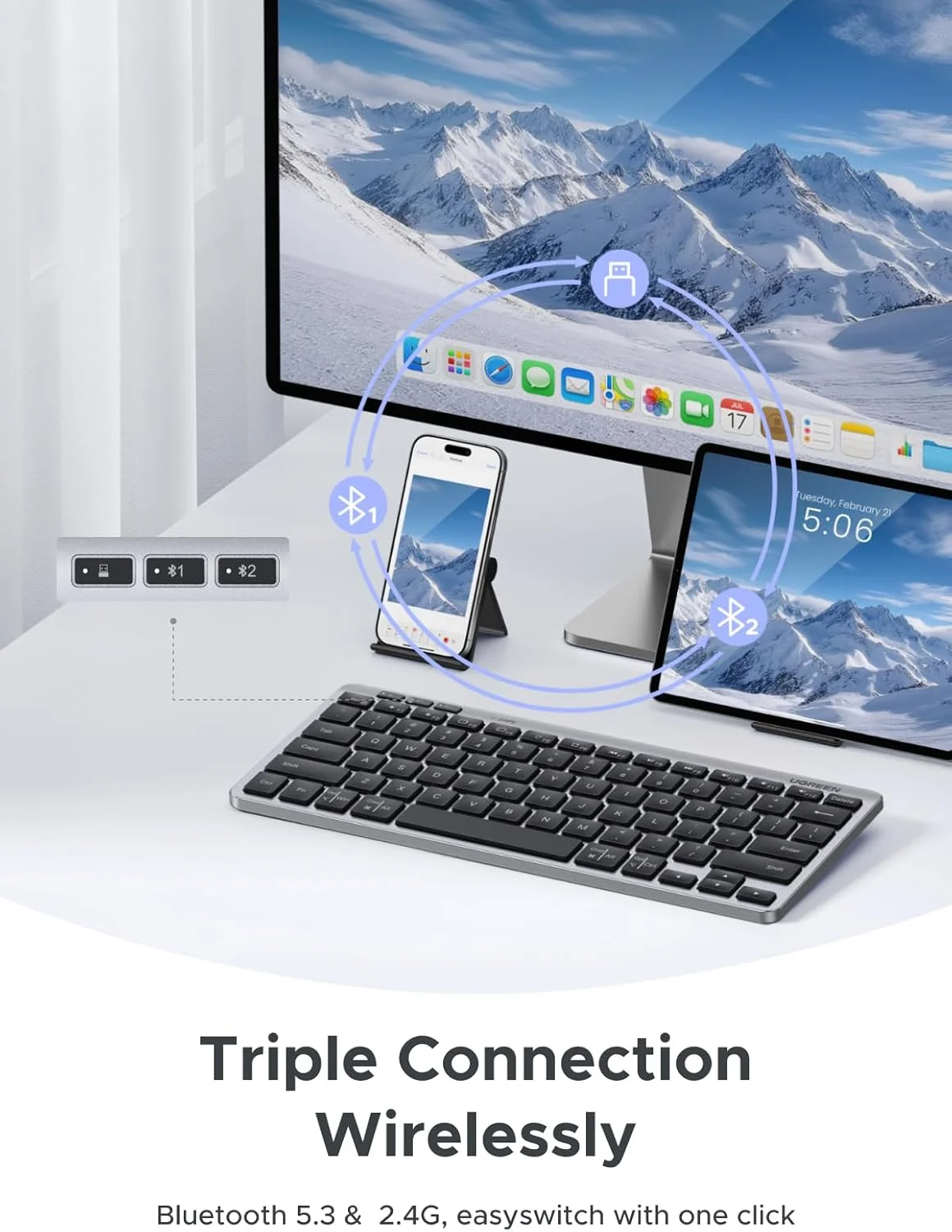 کیبورد بی‌سیم UGREEN با قابلیت اتصال به 3 دستگاه از طریق بلوتوث و 2.4G، کیبورد باریک و بی‌صدا با طراحی قیچی‌شکل، عمر باتری 250 روزه، پایه قابل تنظیم 4 تا 9 درجه، کیبورد فشرده و قابل حمل برای مک، آیپد، ویندوز، اندروید