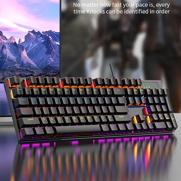کیبورد گیمینگ مکانیکی سیم دار با سوئیچ آبی - کیبورد مکانیکی 104 کلید RGB با نور پس زمینه USB از WEETOTUNG - برای بازی های رایانه ای و کار اداری (مشکی)