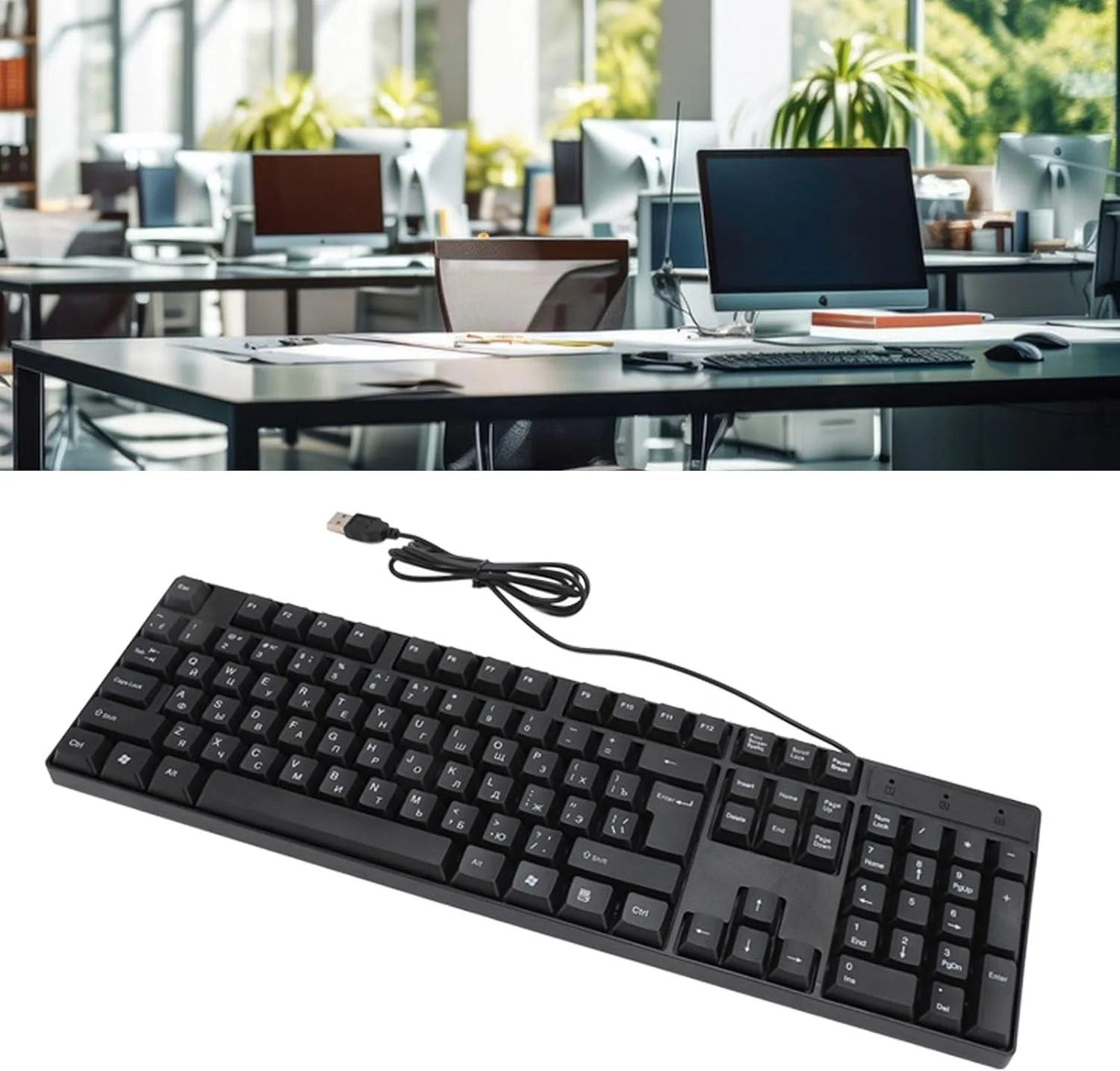 کیبورد زبان های خارجی gernie، مدل K1800، دارای 104 کلید، کابل USB سیمی 1.5 متری، روسی، فرانسوی، انگلیسی، اسپانیایی، اتصال آسان، کیبورد گیمینگ ارگونومیک برای کامپیوتر، جنس (روسی)