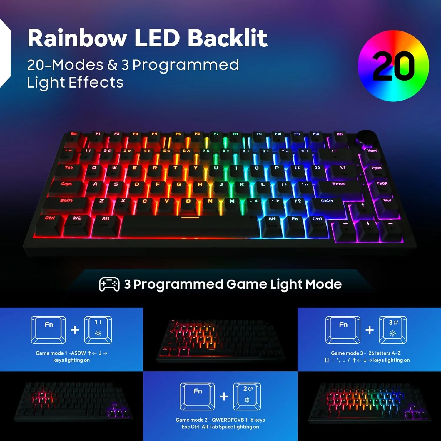 کیبورد گیمینگ مکانیکی Baytion، 82 کلید، 75% کیبورد گیمینگ فشرده با نور پس زمینه LED رنگین کمانی، کیبورد مکانیکی ضد شبح سیمی با دکمه برای ویندوز و مک، سفید (سوییچ قرمز)